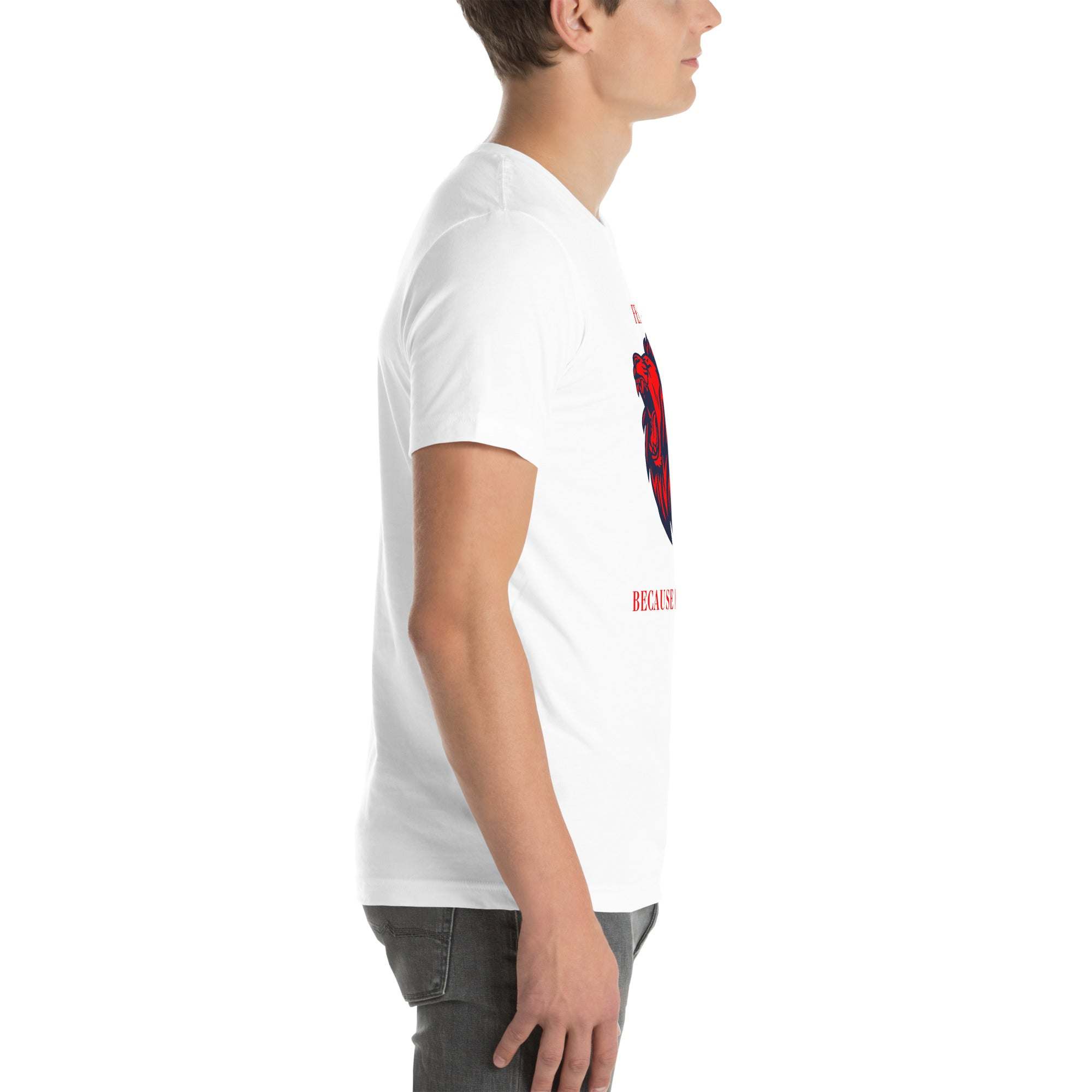 Men wearing white Fearless Lion T-Shirt with red and black lion head design and motivational text, side view