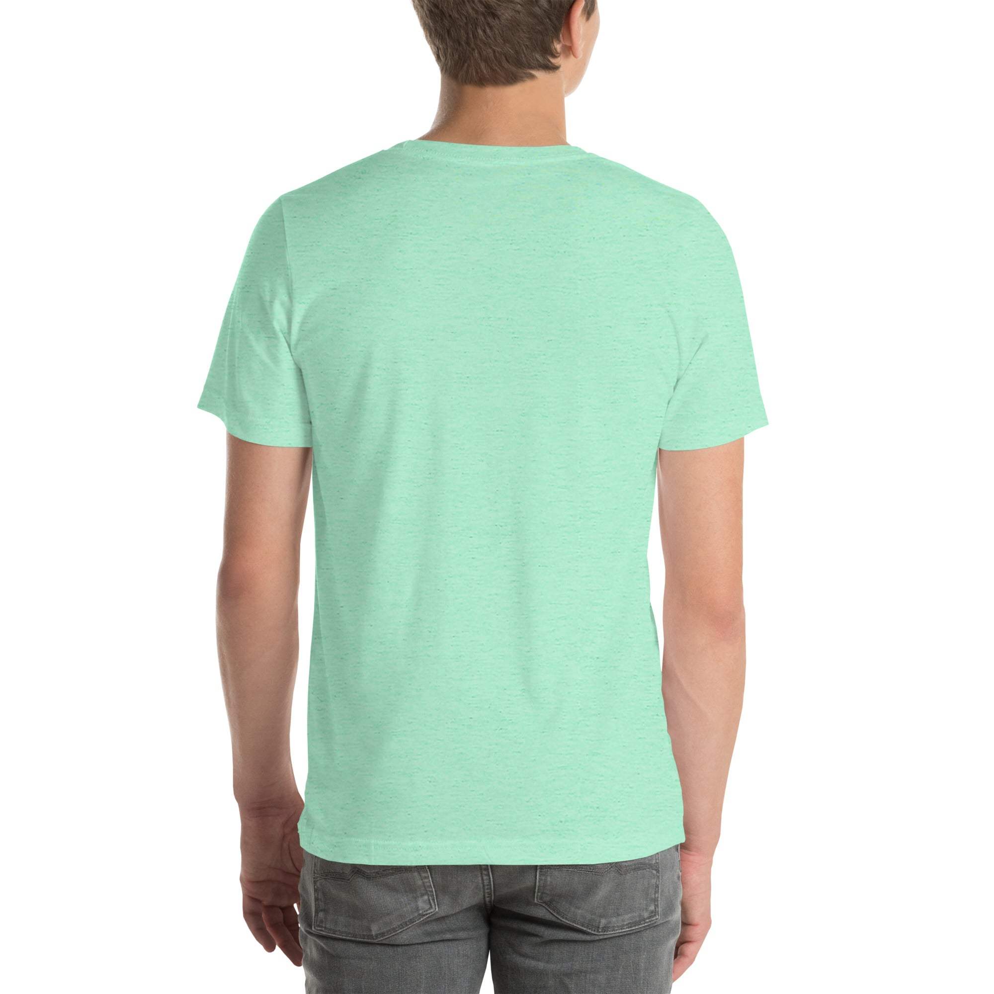 Back view of a person wearing a mint green Raccoon Mode T-Shirt made from soft cotton fabric
