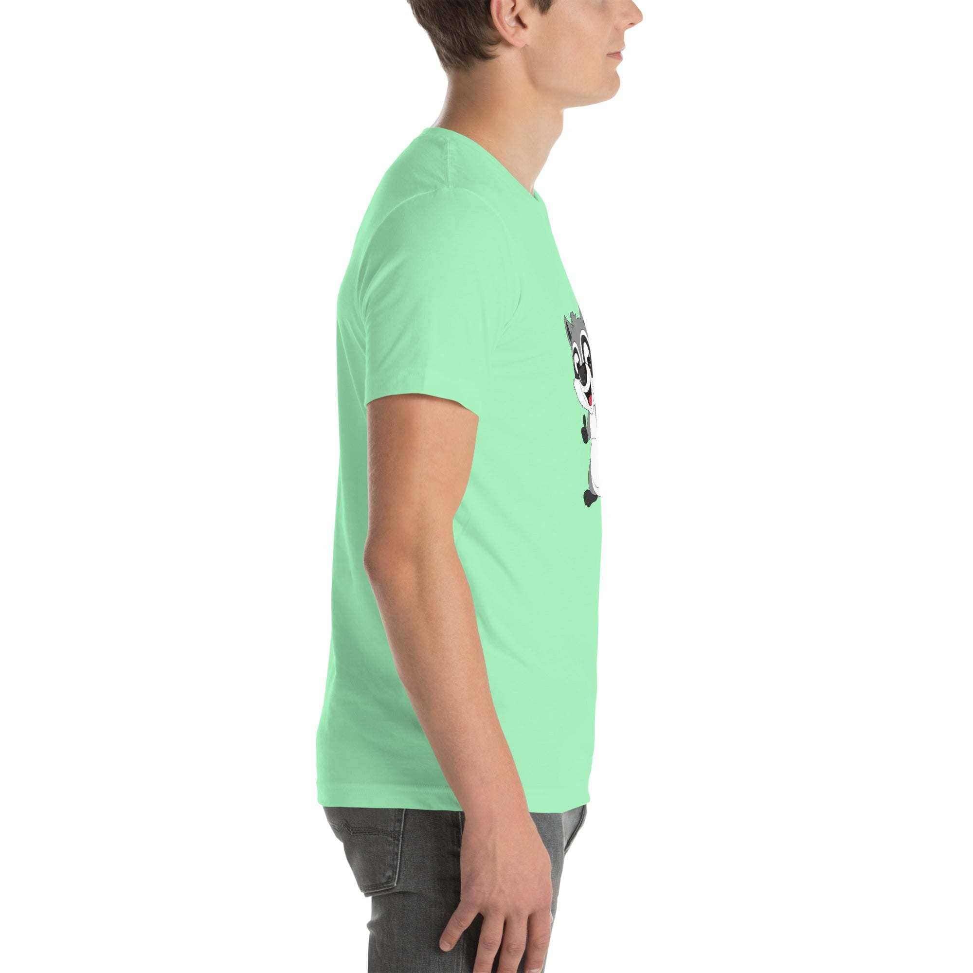 Side view of man wearing mint green Raccoon Mode T-Shirt with cartoon raccoon and text design