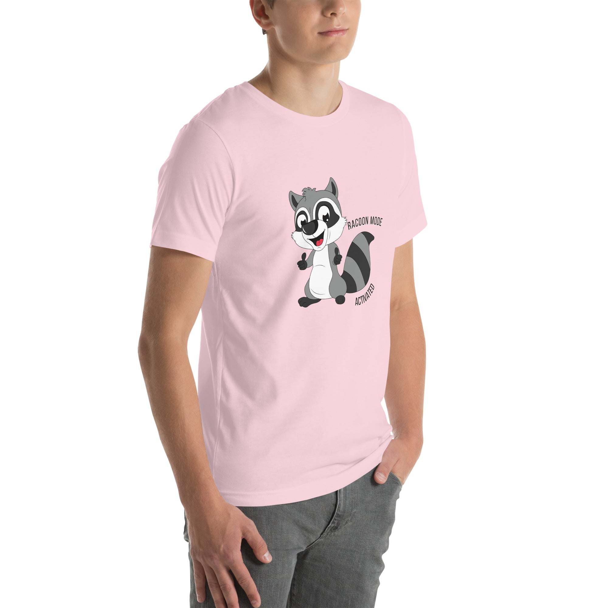 Man wearing pink Raccoon Mode T-Shirt with cartoon raccoon and text design on front