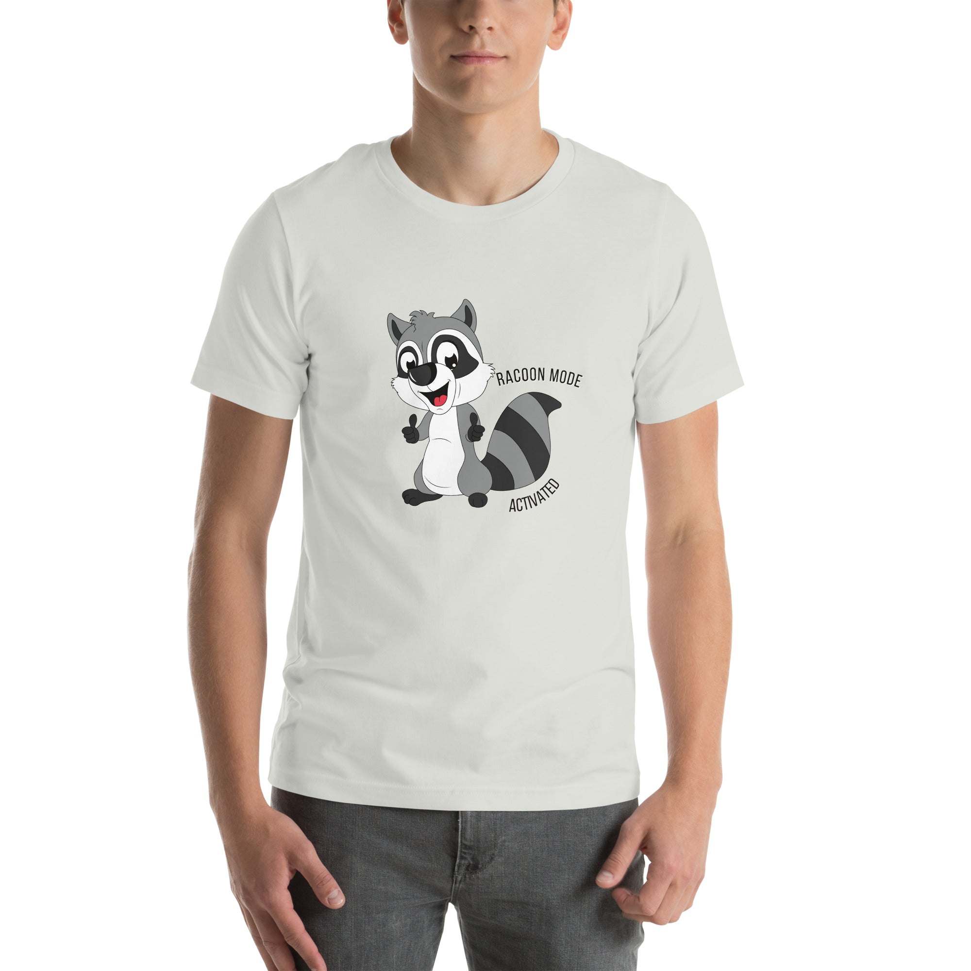 White Raccoon Mode T-Shirt with cartoon raccoon graphic and "Raccoon Mode Activated" text, made of soft breathable cotton.