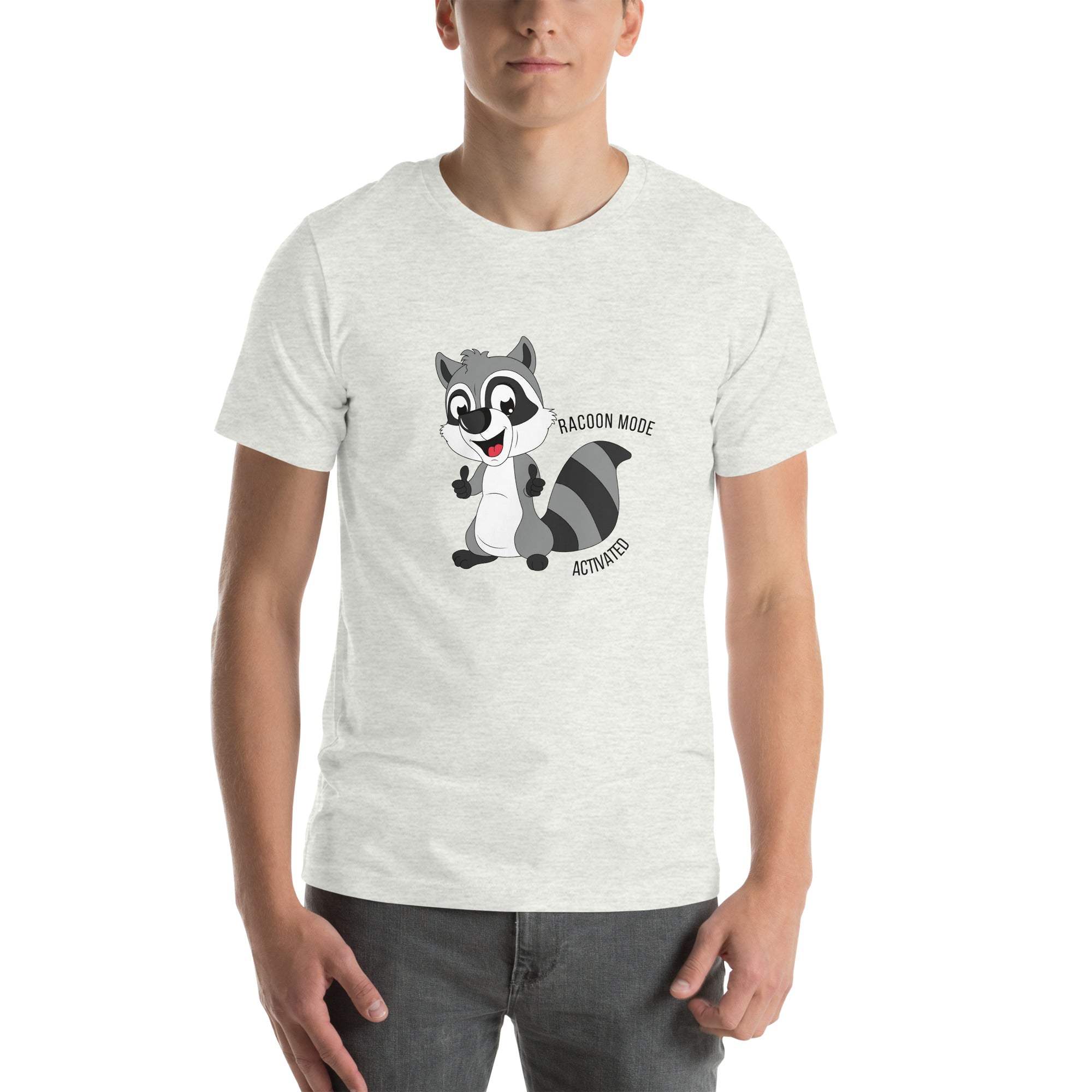 Man wearing white Raccoon Mode T-Shirt with cartoon raccoon and text Raccoon Mode Activated