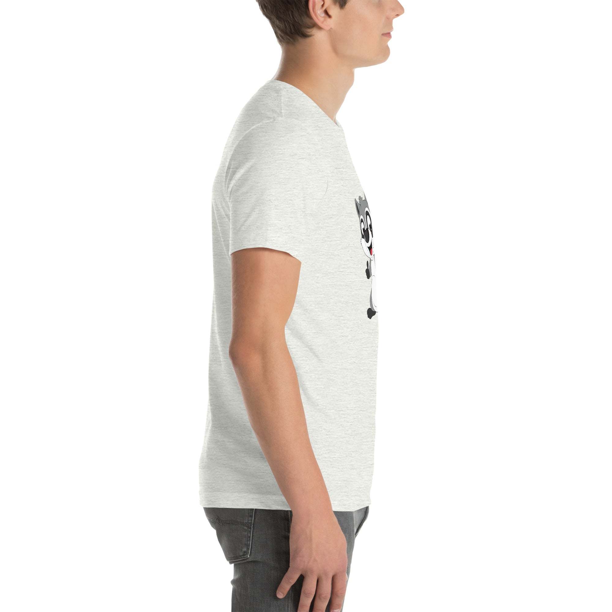 Side view of man wearing light gray Raccoon Mode T-Shirt with cartoon raccoon graphic and text