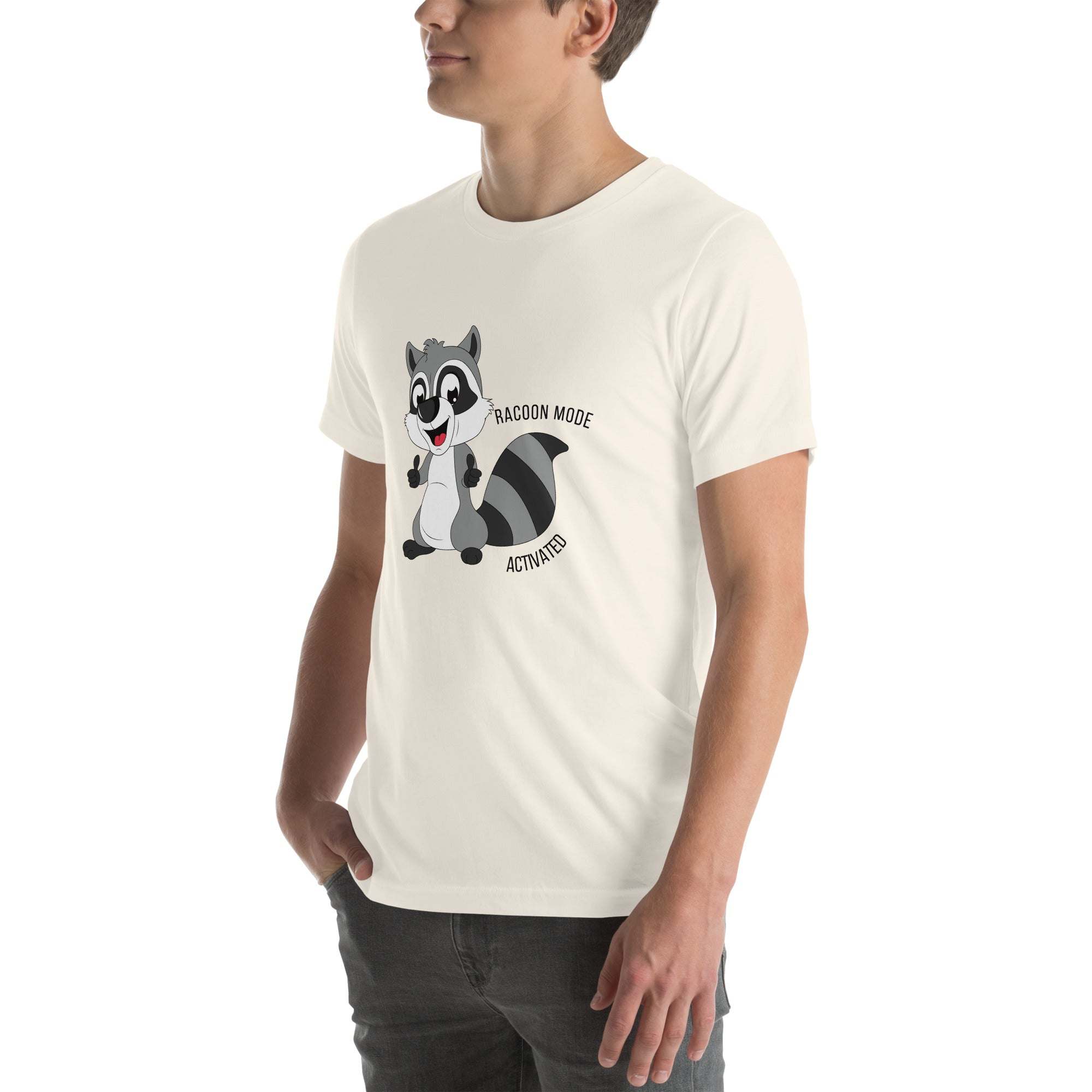 Man wearing white Raccoon Mode T-Shirt with cartoon raccoon and "Raccoon Mode Activated" text