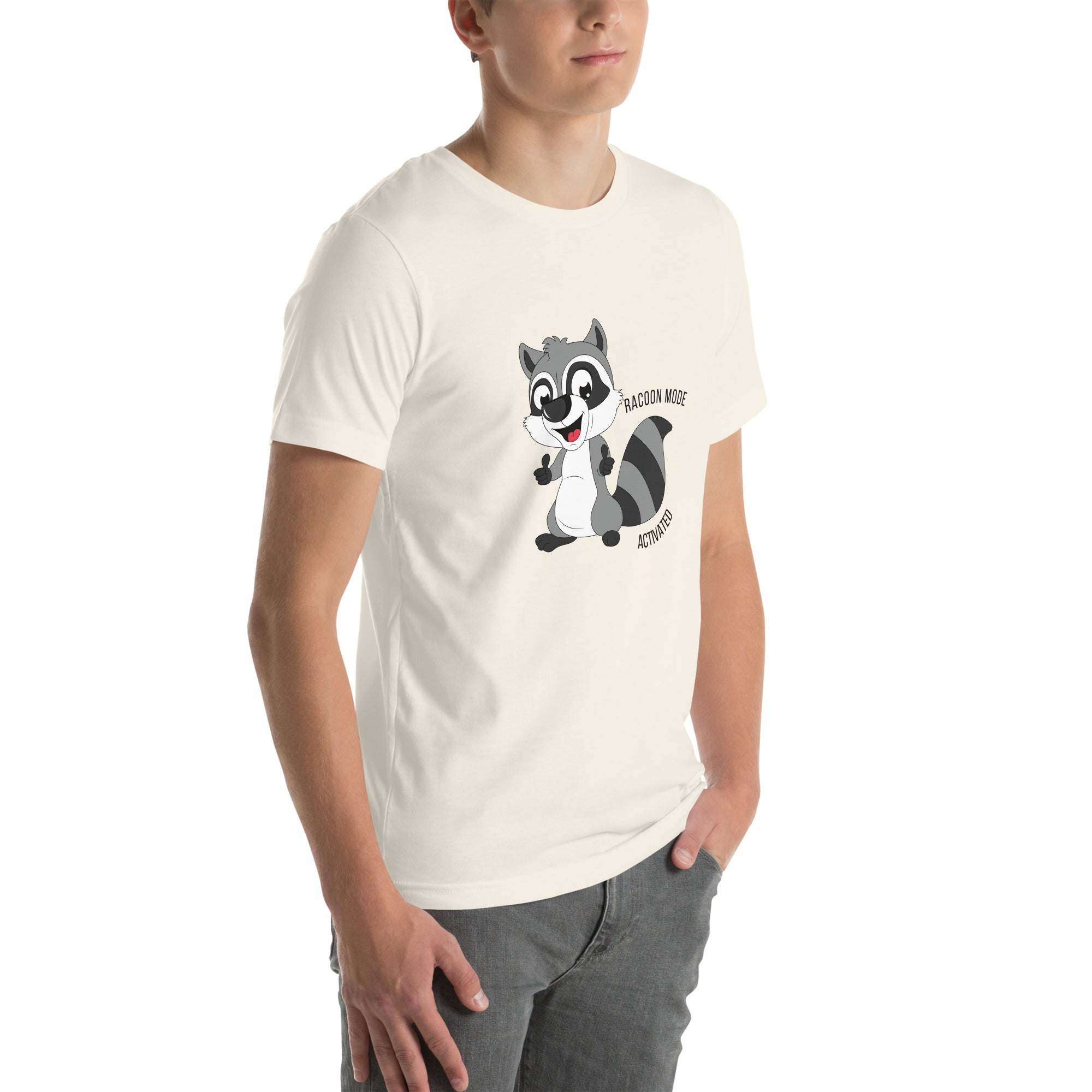 White Raccoon Mode T-Shirt with cartoon raccoon and playful text worn by male model