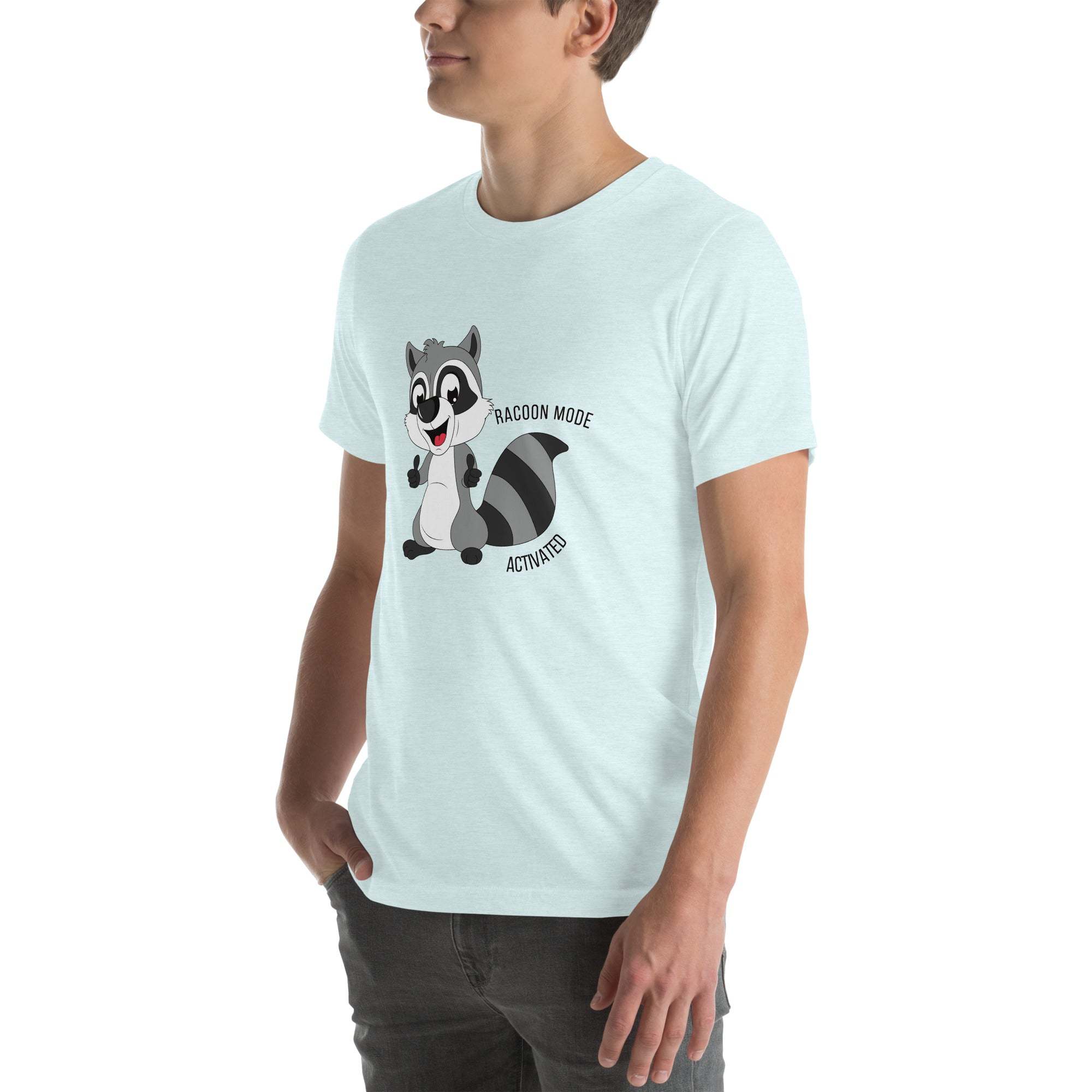 Man wearing light blue Raccoon Mode T-Shirt with cartoon raccoon and "Raccoon Mode Activated" text