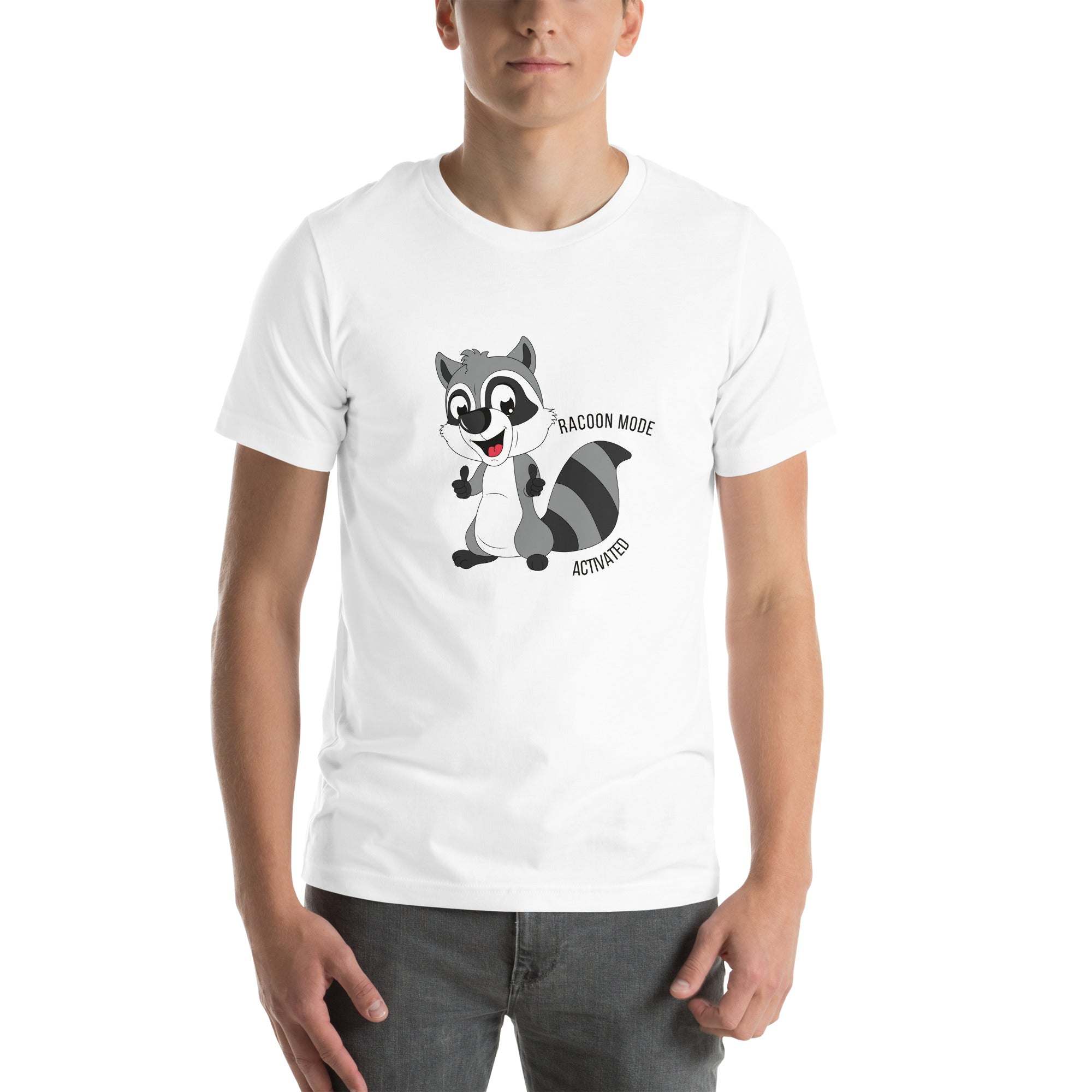 White Raccoon Mode T-Shirt with cartoon raccoon and "Raccoon Mode Activated" text, soft cotton, casual style