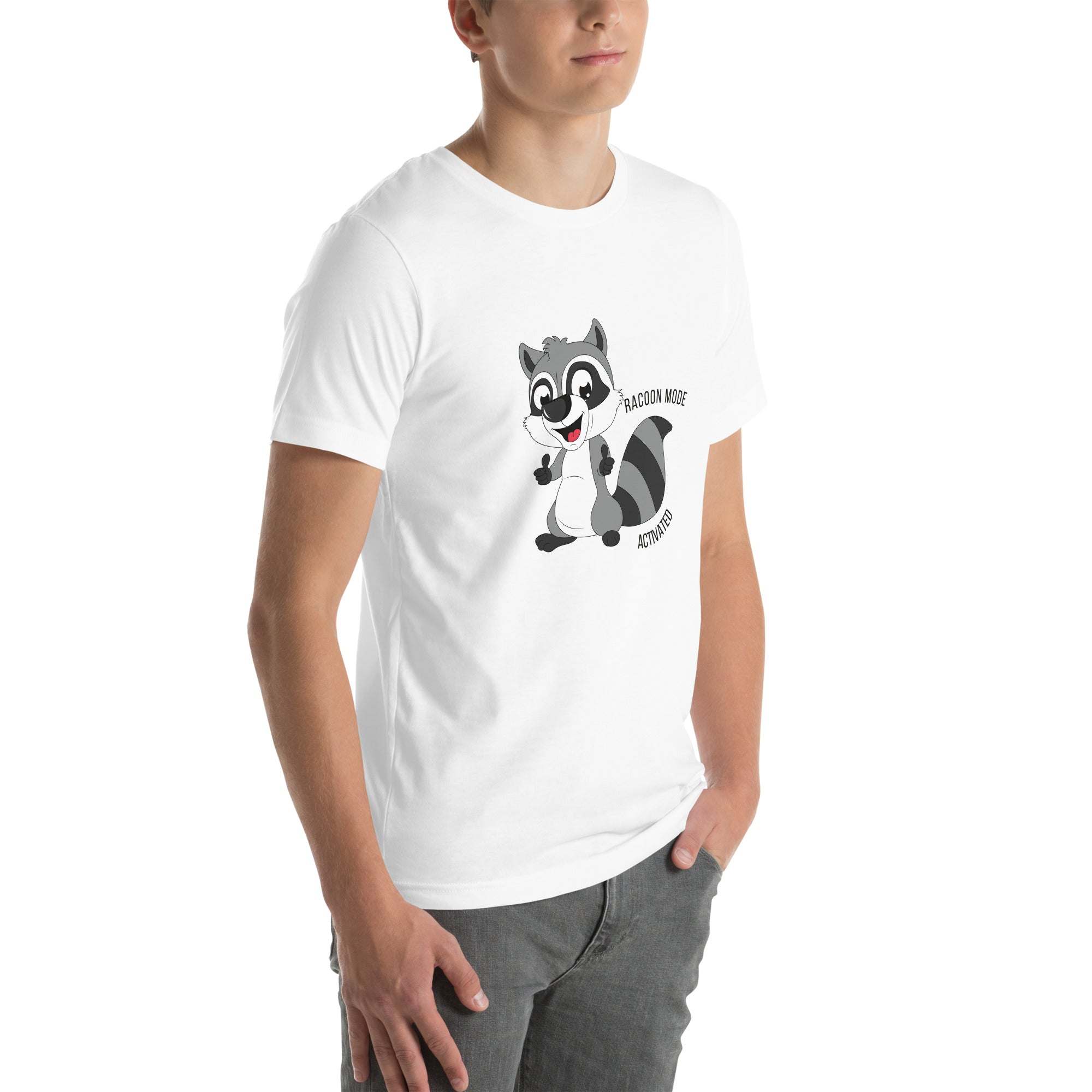 White Raccoon Mode T-Shirt with cartoon raccoon and "Raccoon Mode Activated" text, worn by man