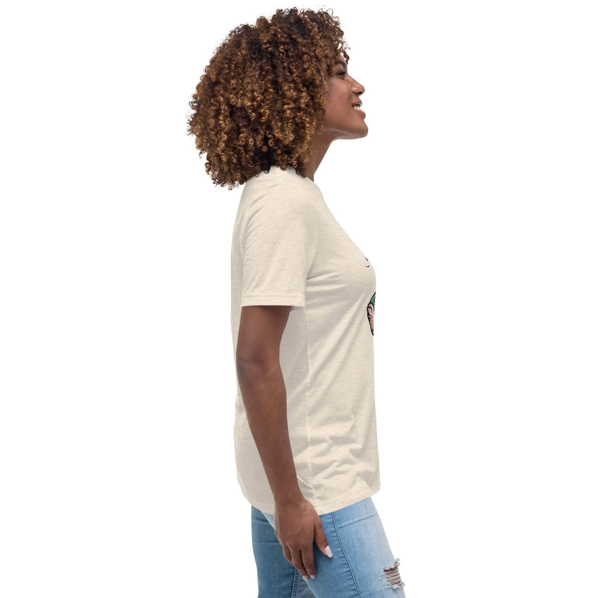 Woman wearing beige Summer Vibes T-Shirt with retro beach graphic in side view