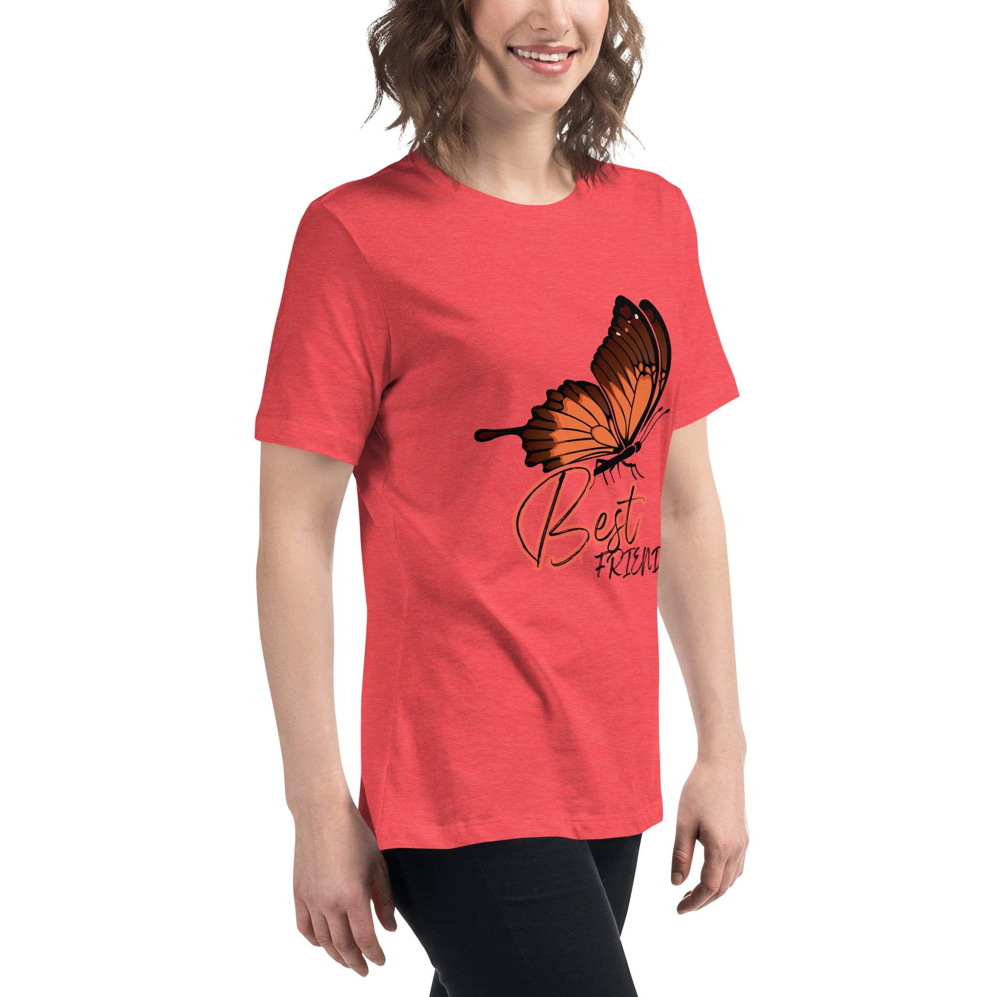 Woman wearing a red Best Friend Butterfly T-Shirt with a large orange butterfly graphic and "Best Friend" text, styled casually