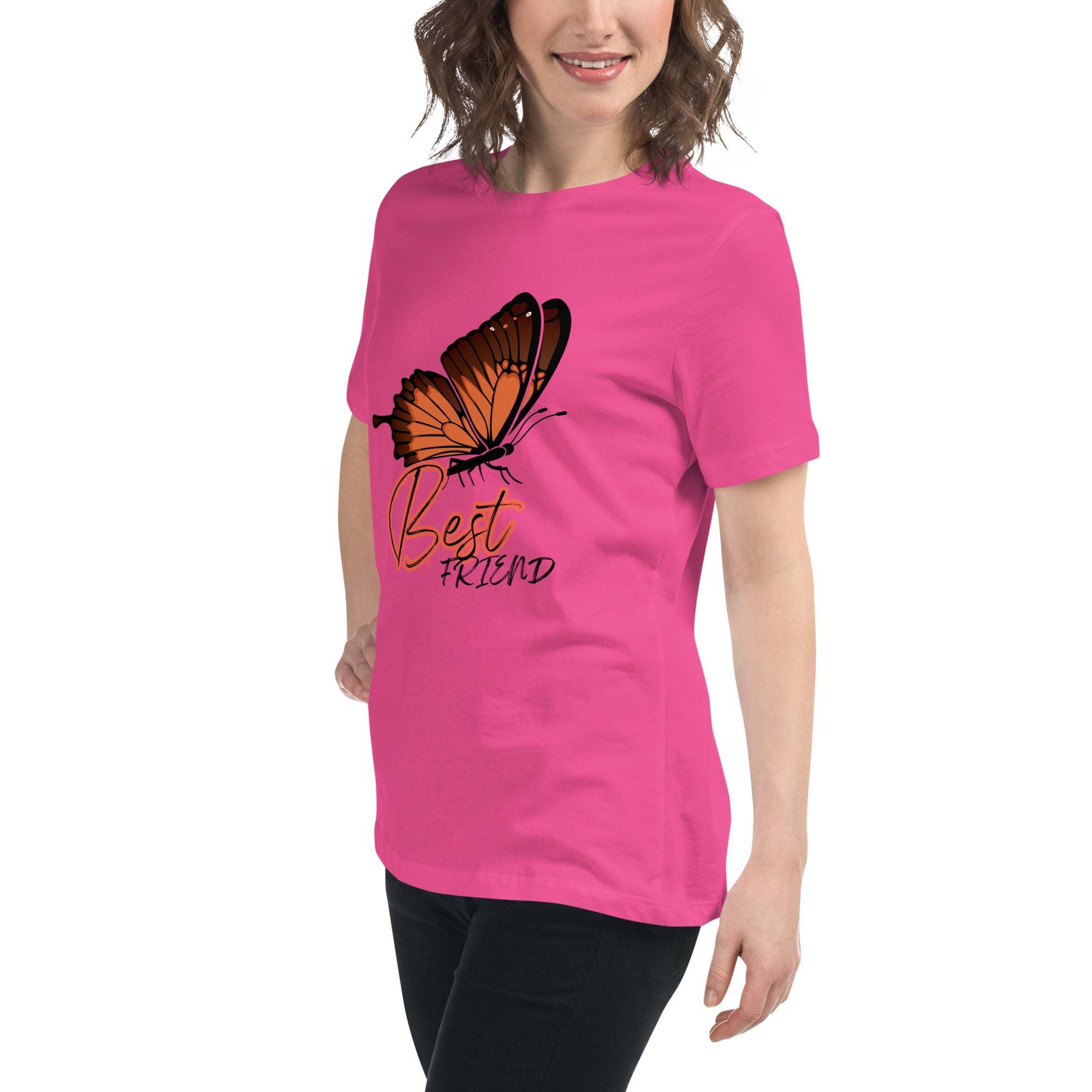 Woman wearing a pink Best Friend Butterfly T-Shirt with orange butterfly graphic and "Best Friend" text, casual unisex fit.