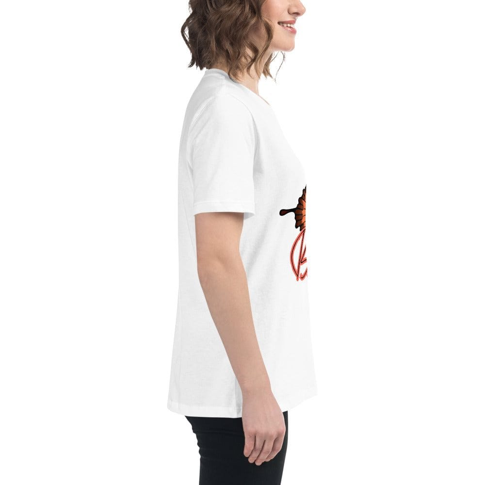 White unisex Best Friend Butterfly T-Shirt with orange butterfly graphic worn by a woman in side view