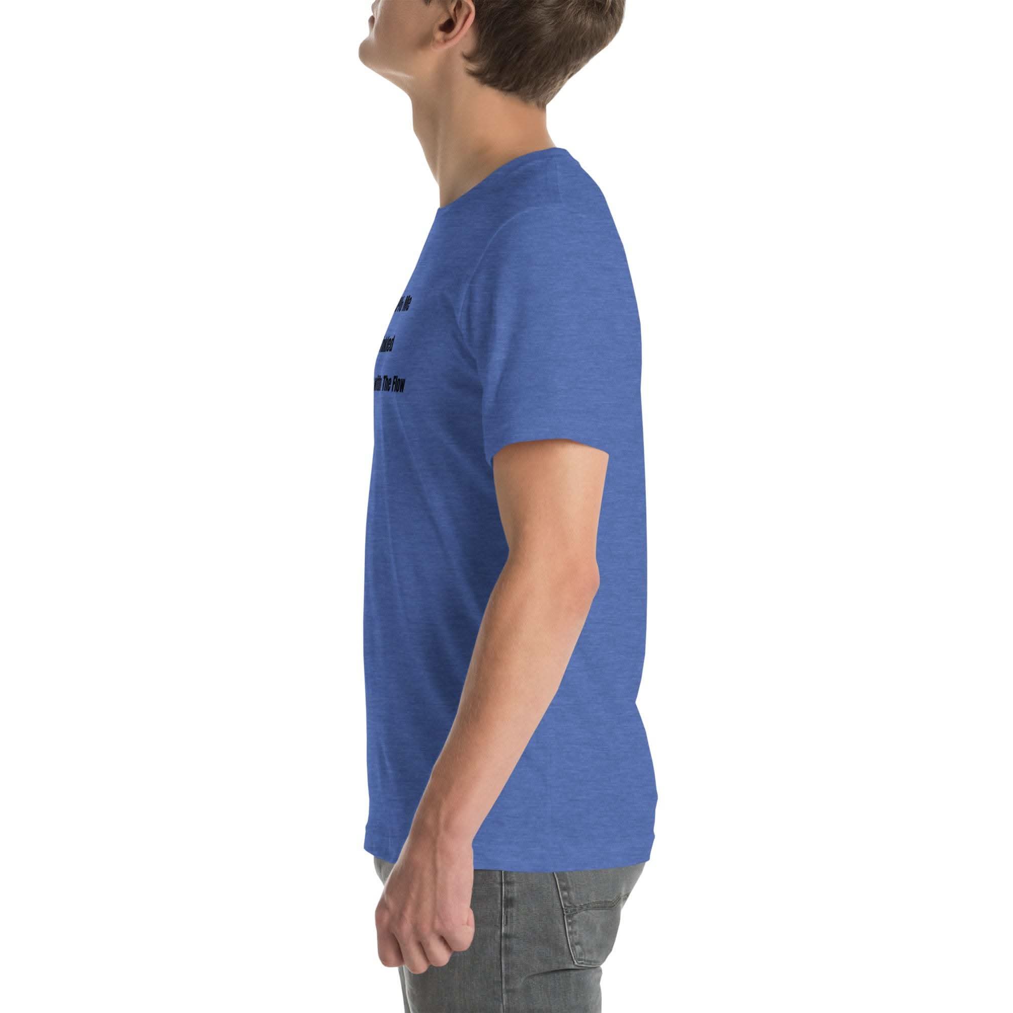 Blue funny wrinkled old person humor t-shirt with side view on male model