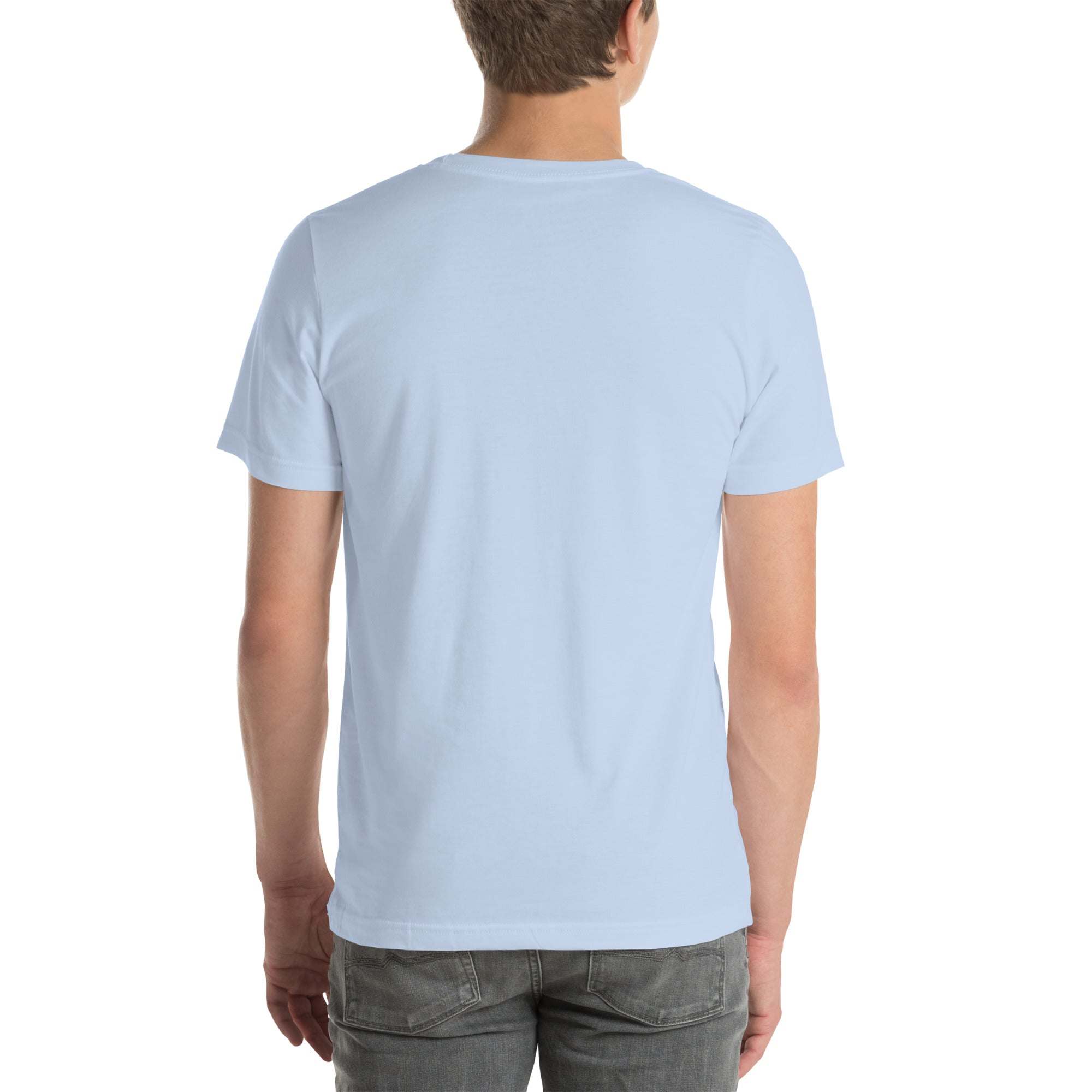 Back view of a person wearing a light blue funny wrinkled old person humor t-shirt