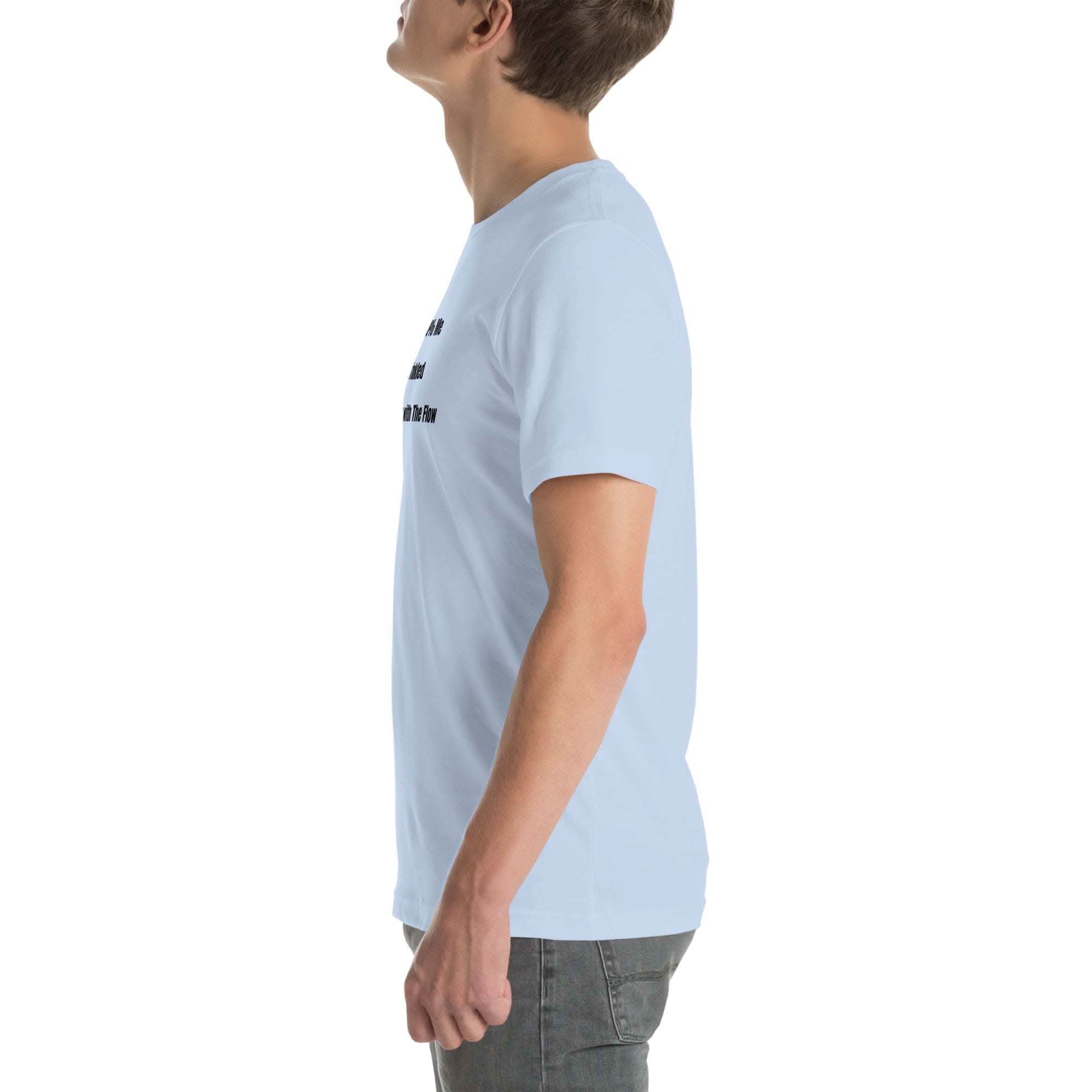 Side view of light blue Old Person Humor T-shirt with witty "Slightly Wrinkled" text worn by male model