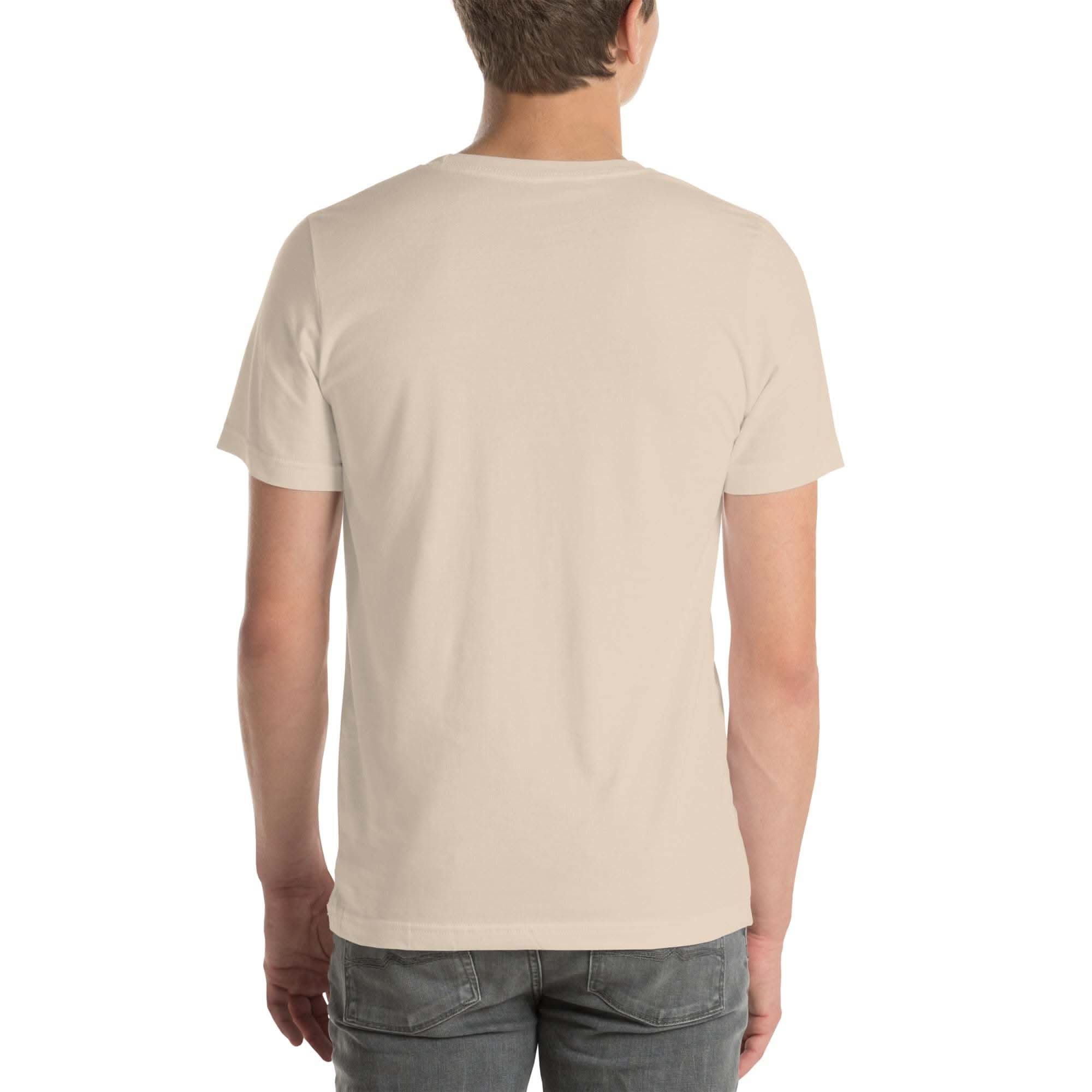 Back view of beige funny wrinkled Old Person Humor T-shirt on male model