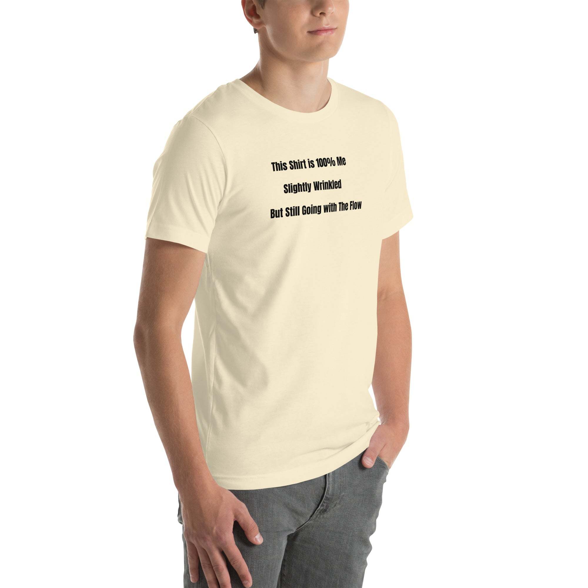 Unisex funny old person humor t-shirt with "Slightly Wrinkled but Still Going with the Flow" text in soft cotton fabric