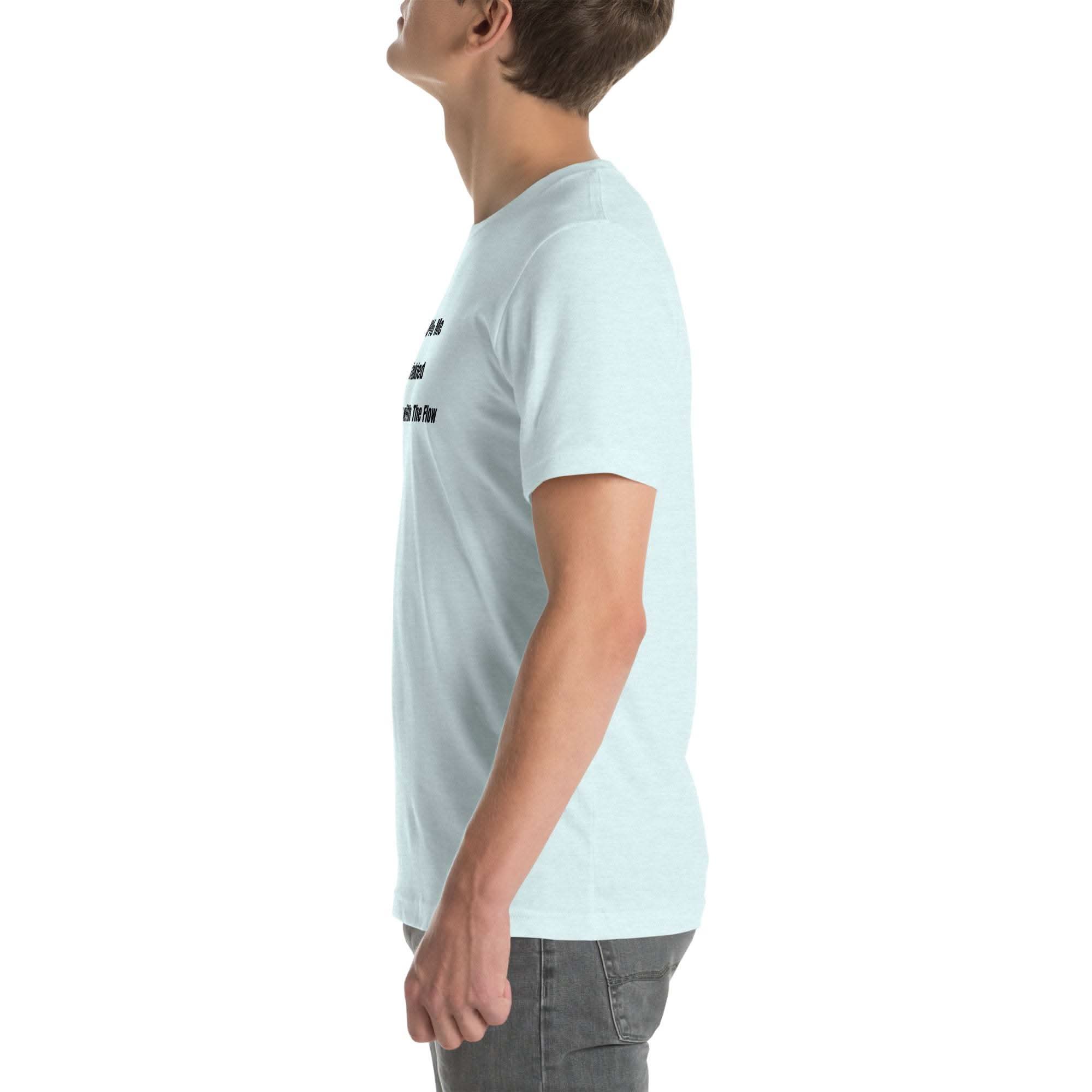 Side view of a man wearing a light blue funny wrinkled t-shirt with humorous text, casual old person humor t-shirt design