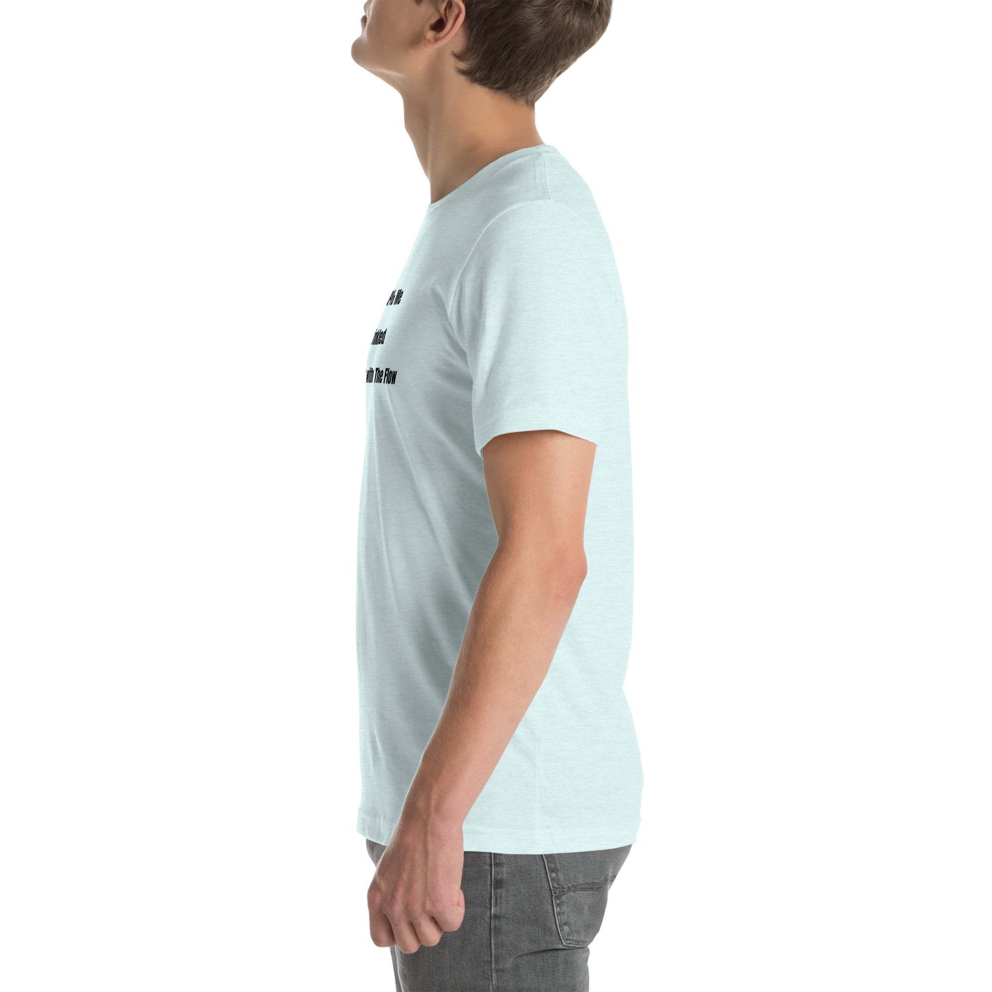 Side view of a man wearing a light blue funny wrinkled t-shirt with humorous text, casual old person humor t-shirt design