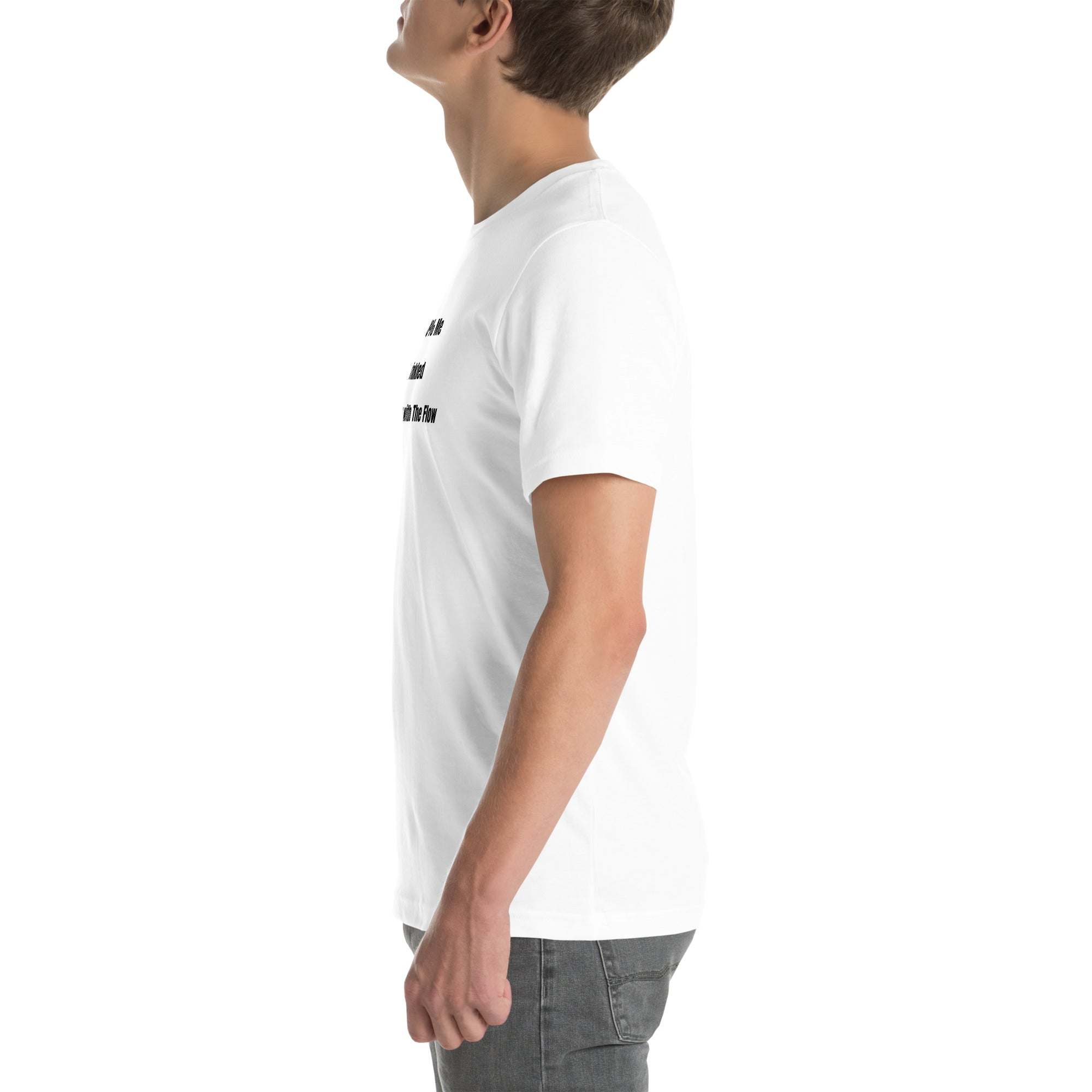 Side view of a man wearing a white funny wrinkled t-shirt with humorous text, casual unisex old person humor t-shirt design