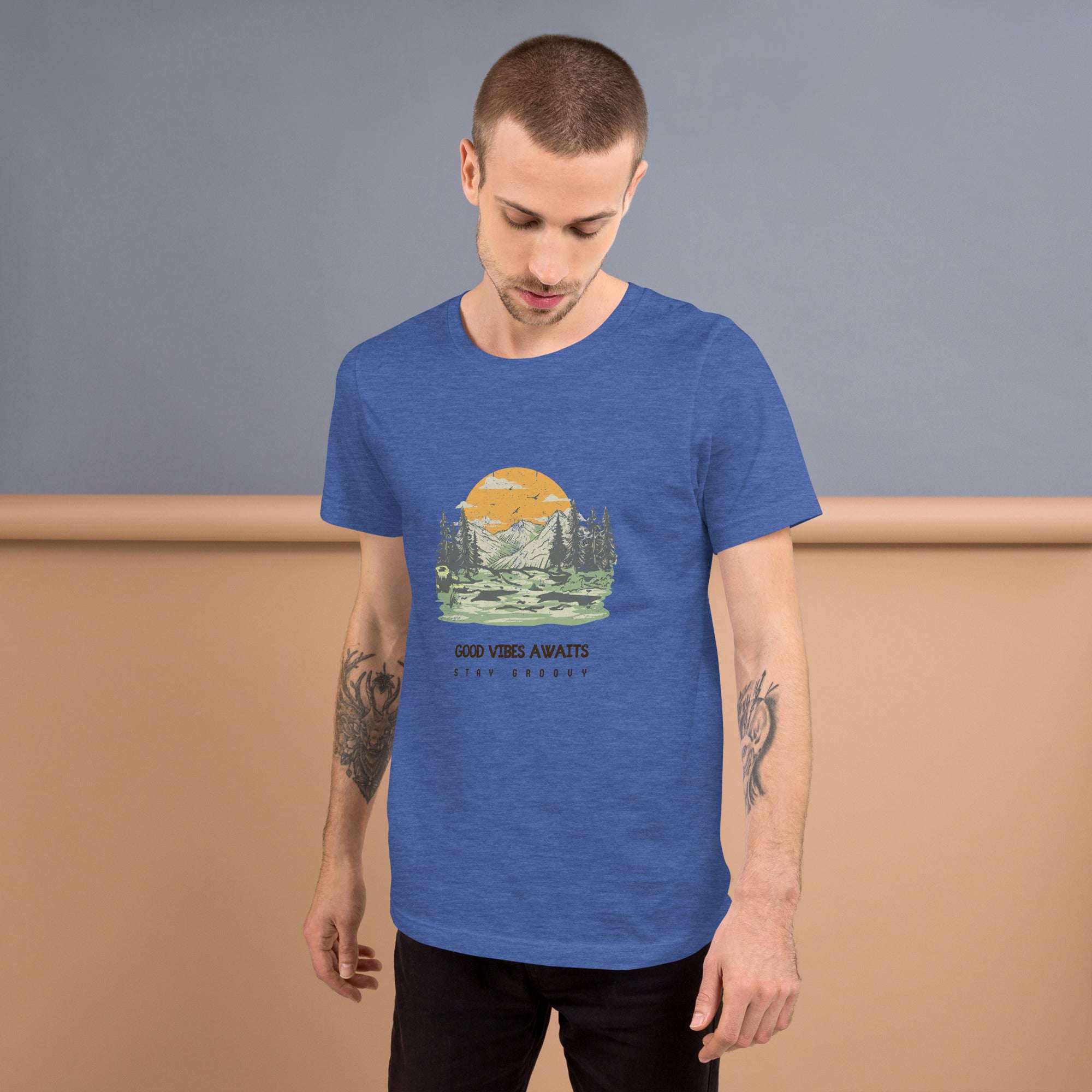 men's blue Good Vibes Awaits graphic t-shirt soft lightweight cotton blend
