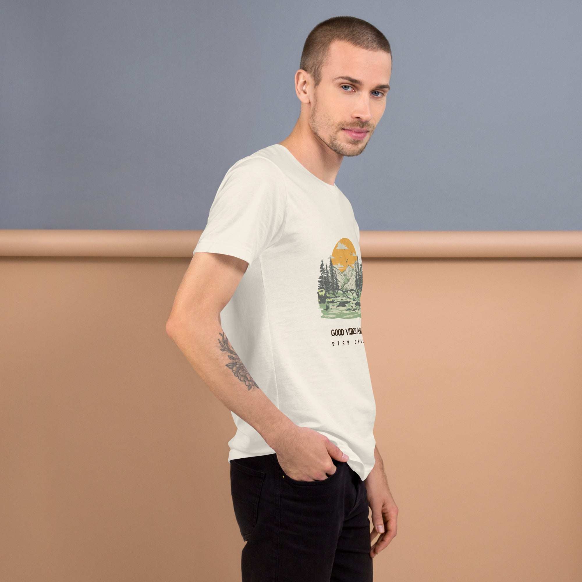 Man wearing soft lightweight Good Vibes T-Shirt with nature graphic and comfortable fit