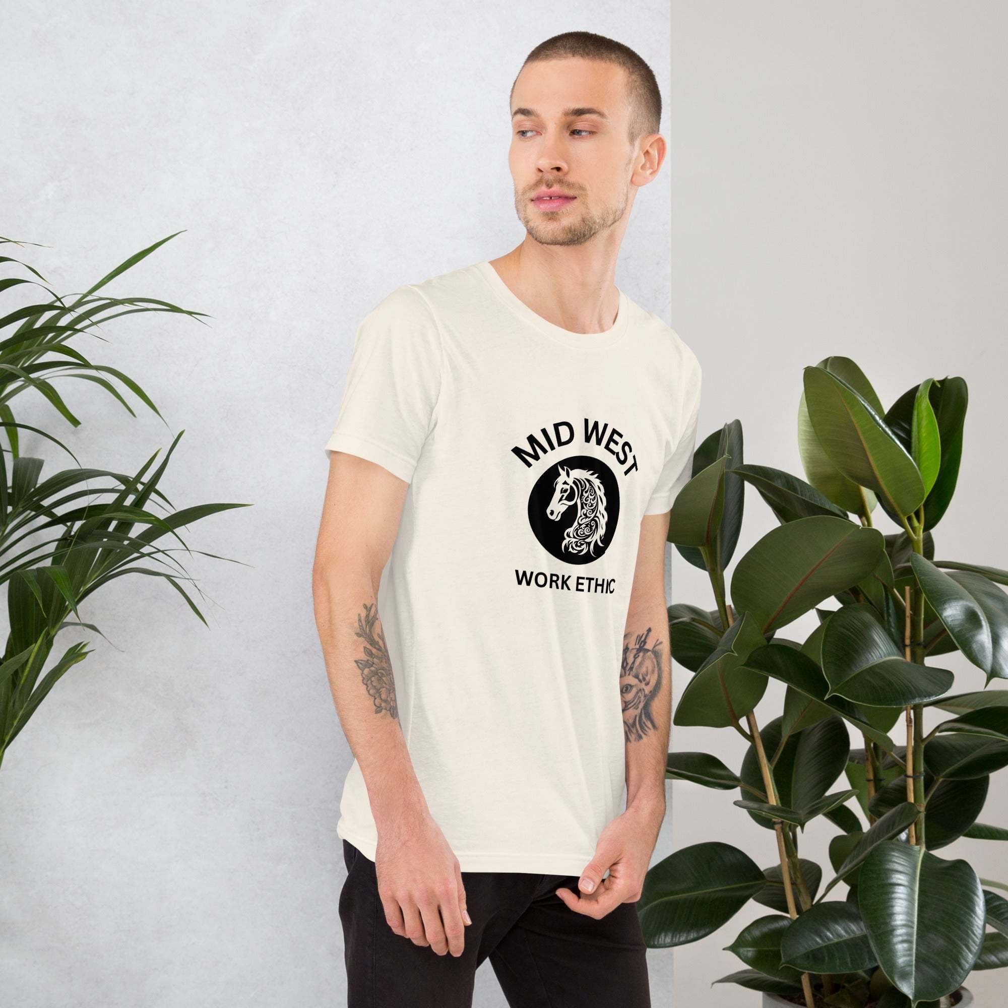 Midwest T-Shirt with horse graphic showcasing Midwest work ethic and rural pride, unisex fit