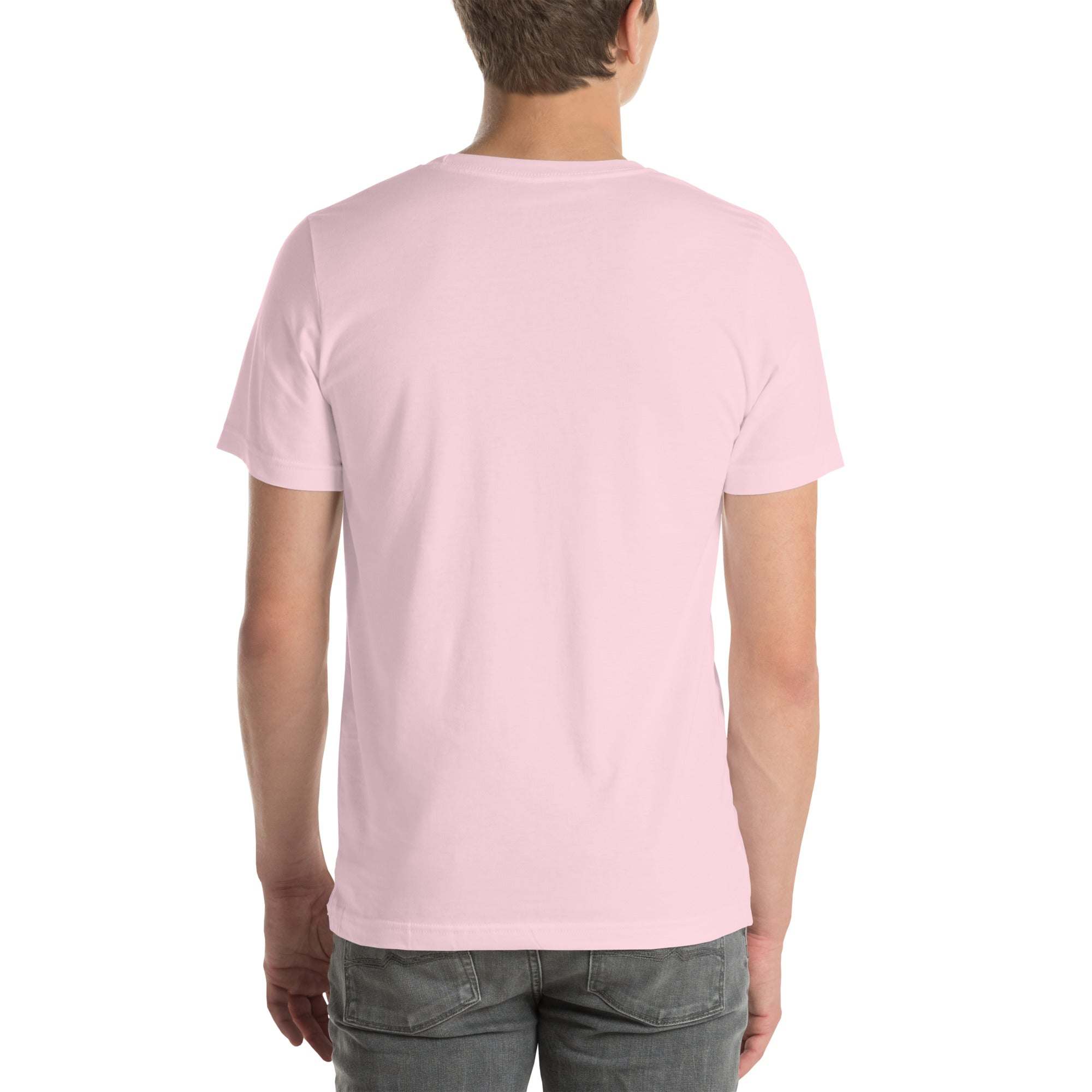 Back view of a person wearing a light pink Work Hard T-Shirt with short sleeves and casual fit