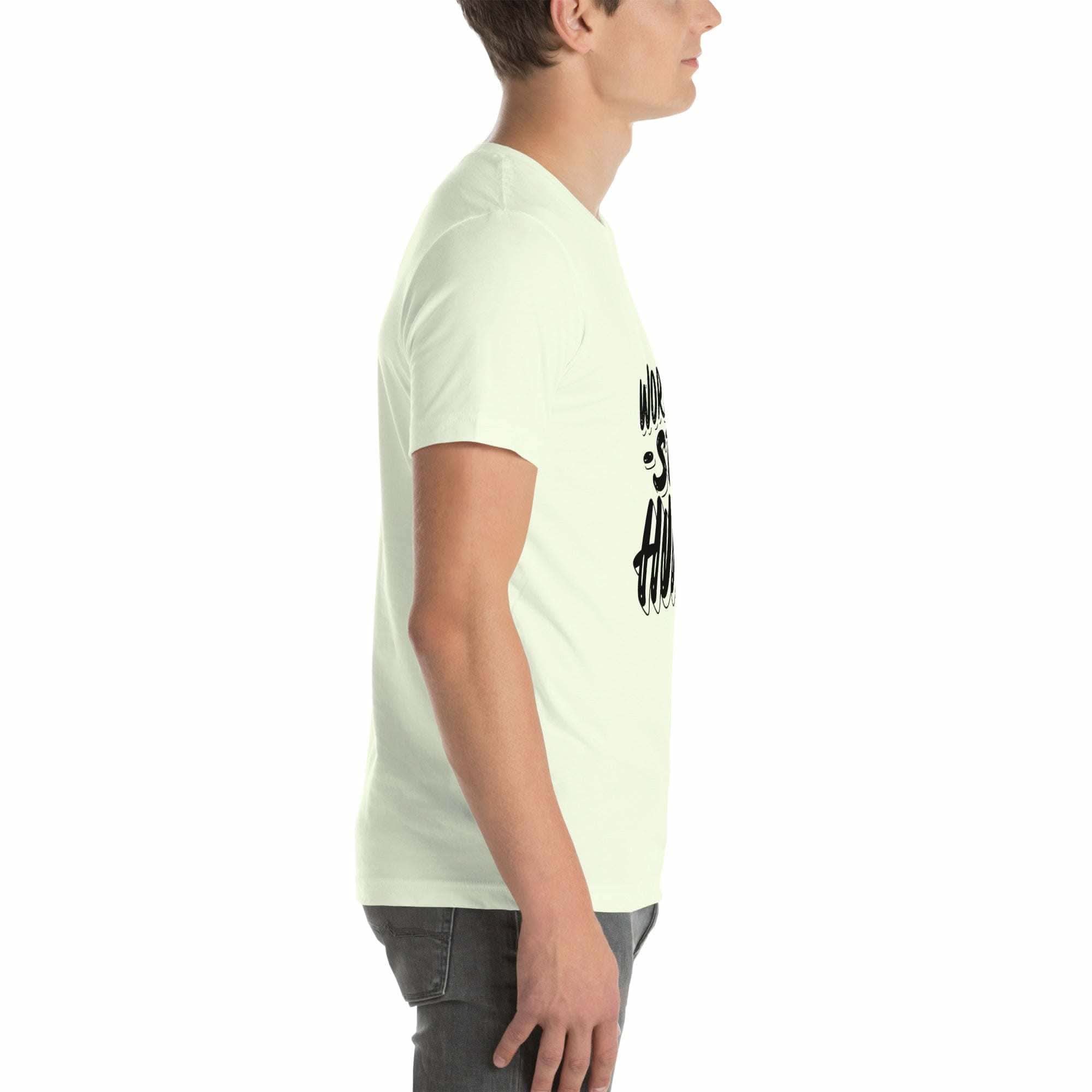 Side view of a man wearing a white Work Hard T-Shirt with motivational text and graphic design