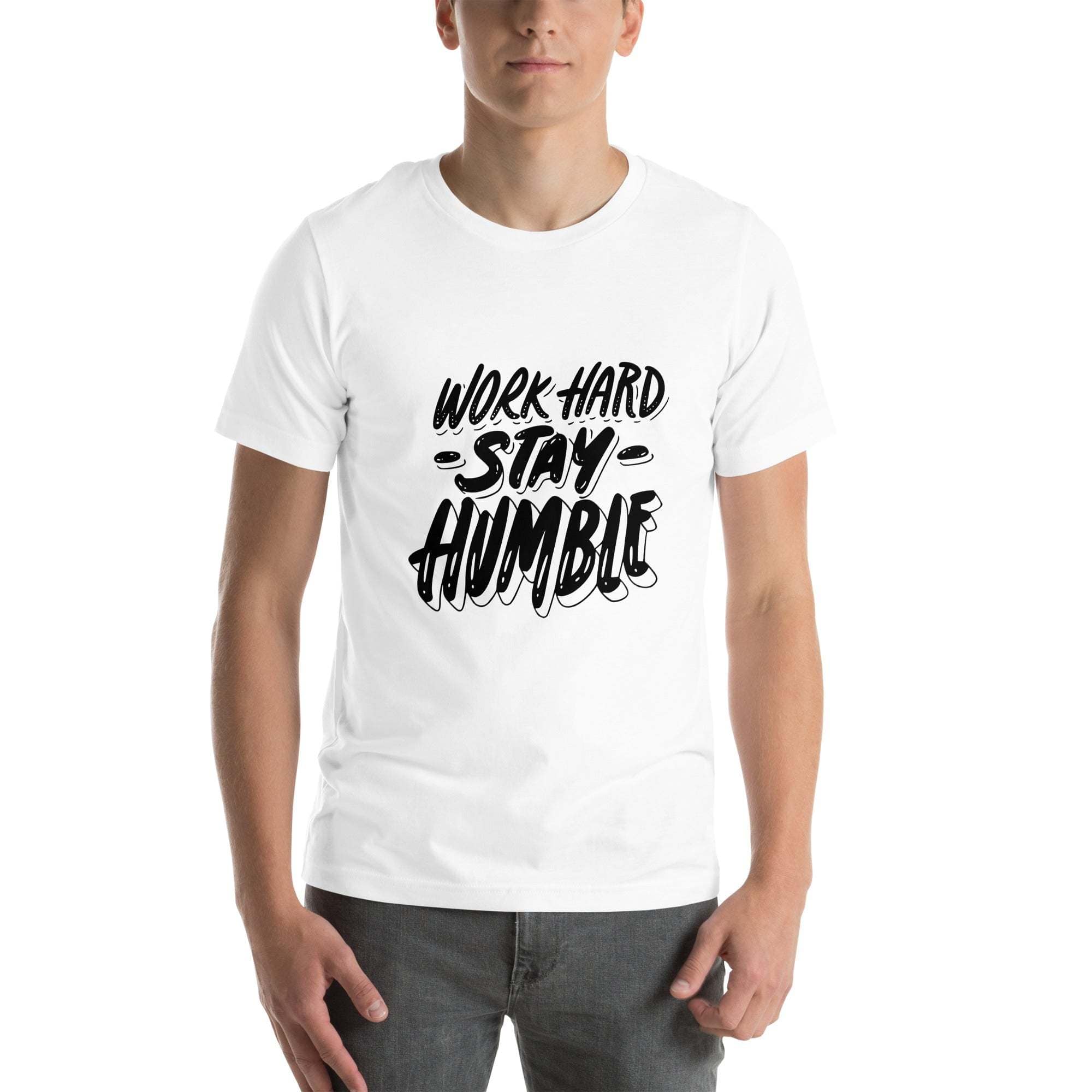 White Work Hard T-Shirt with Stay Humble motivational quote graphic design worn by male model