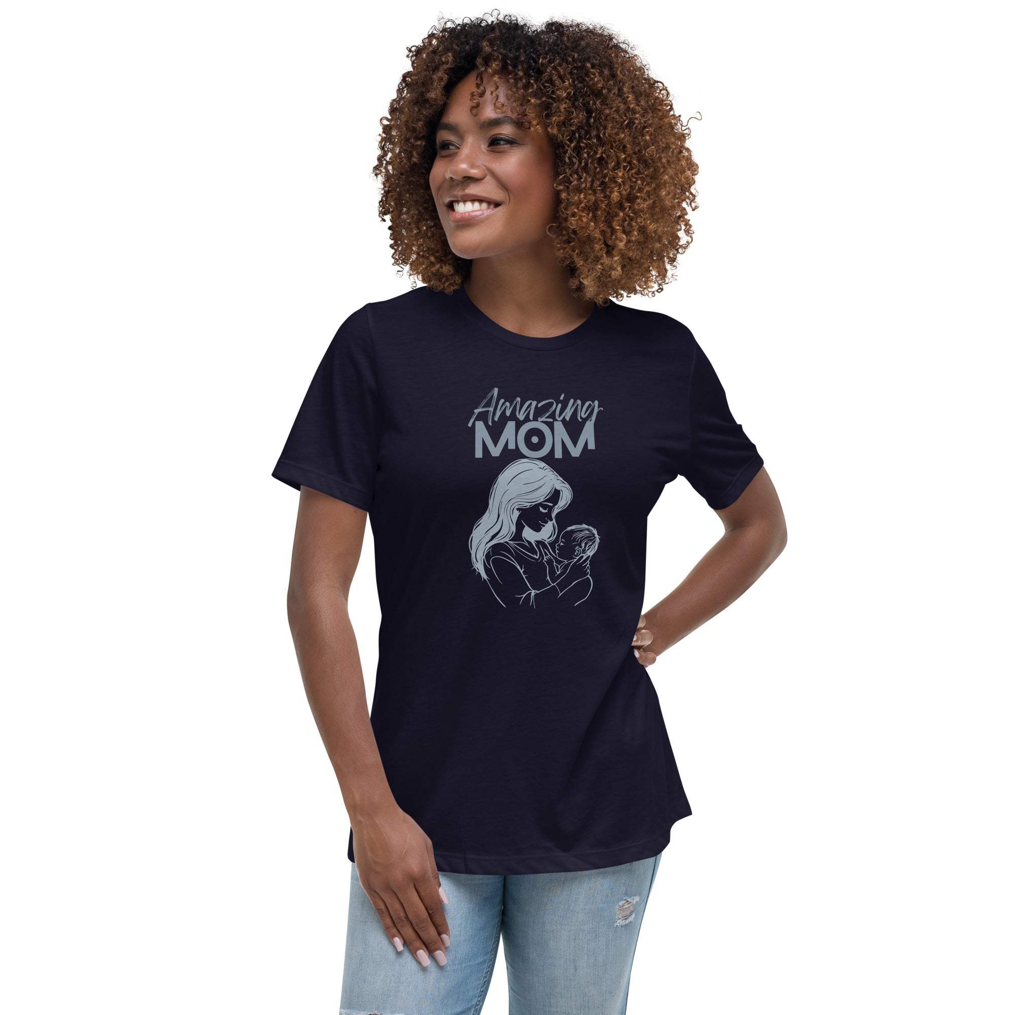 Woman wearing black Amazing Mom T-shirt with mother and baby graphic and text design