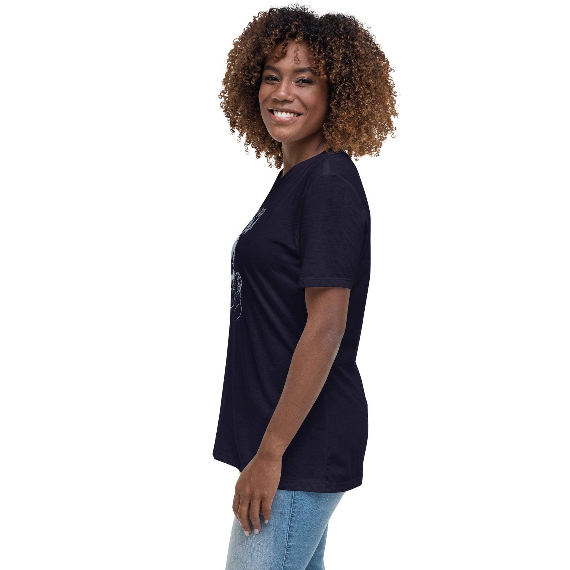 Woman wearing a black Amazing Mom T-Shirt with a relaxed fit and short sleeves, paired with light blue jeans