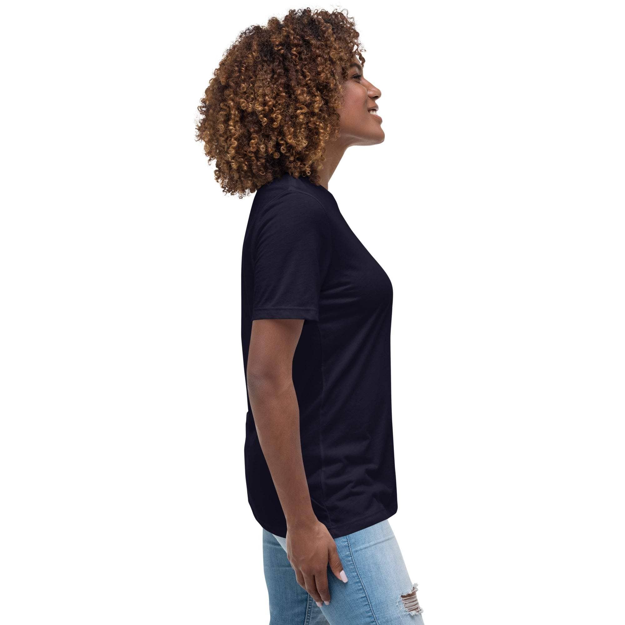 Side view of a woman wearing a black Amazing Mom T-Shirt with a flattering fit and soft cotton fabric.