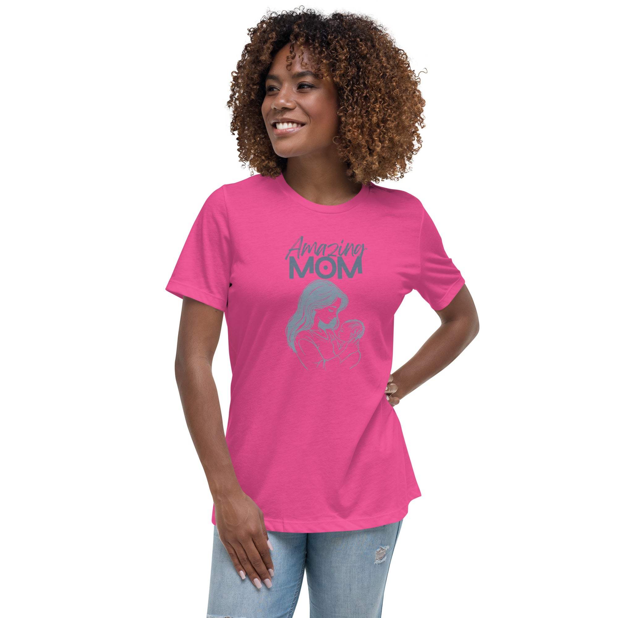 Woman wearing pink Amazing Mom T-Shirt with mother and child graphic and text design