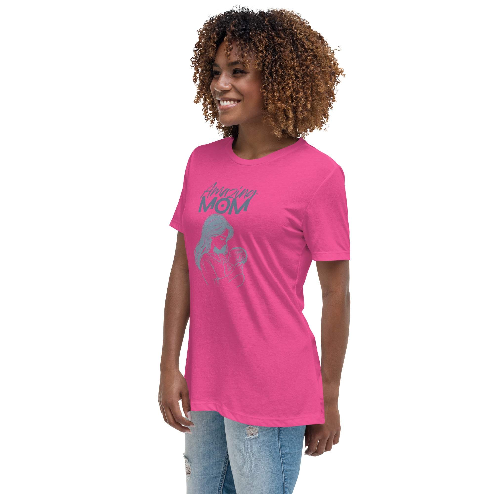 Woman wearing a pink Amazing Mom t-shirt with a stylish fit and graphic design celebrating motherhood