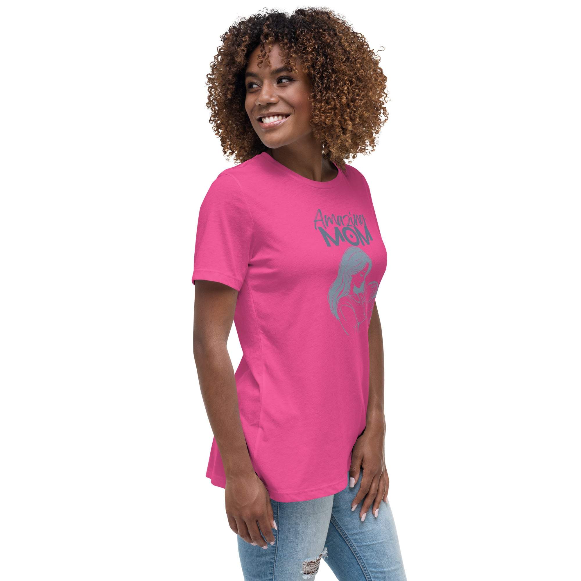 Woman wearing pink Amazing Mom T-Shirt with graphic design and jeans