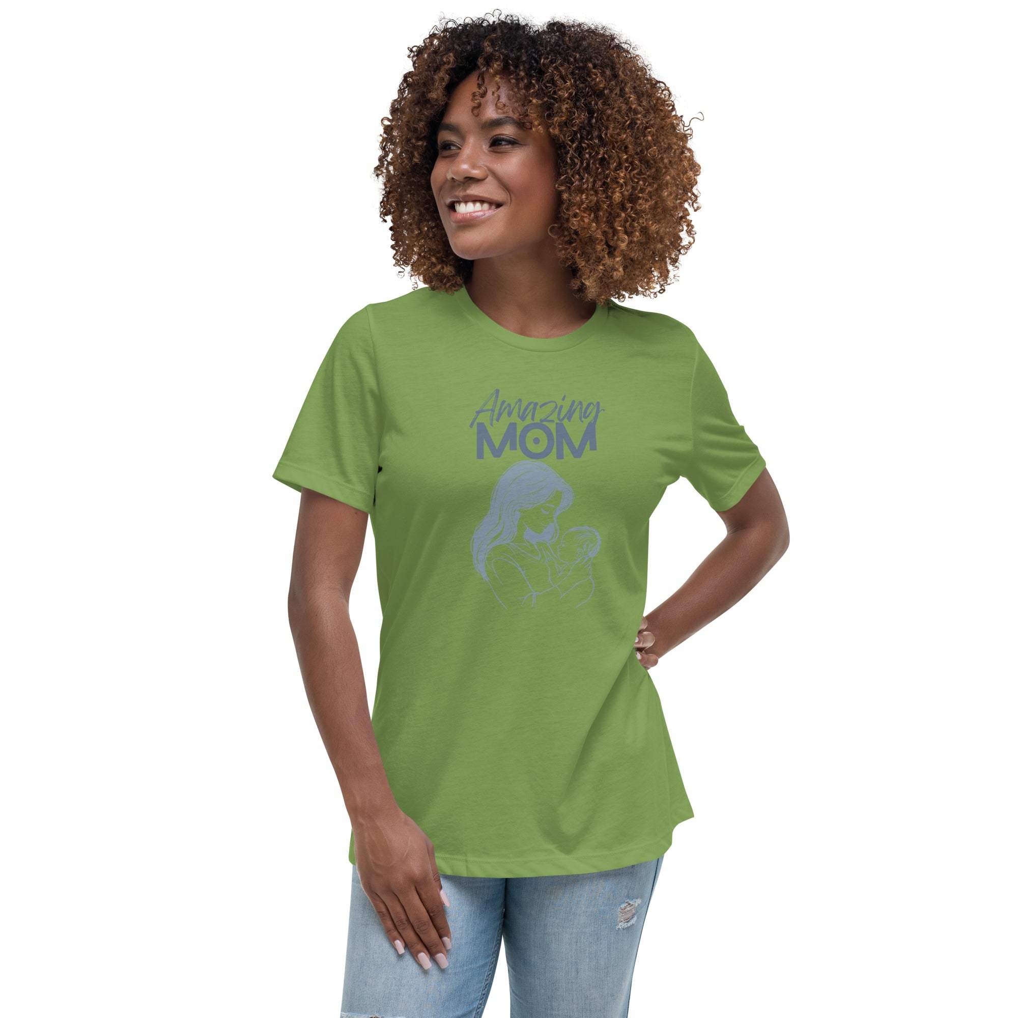 Woman wearing green Amazing Mom T-Shirt with mother and baby graphic
