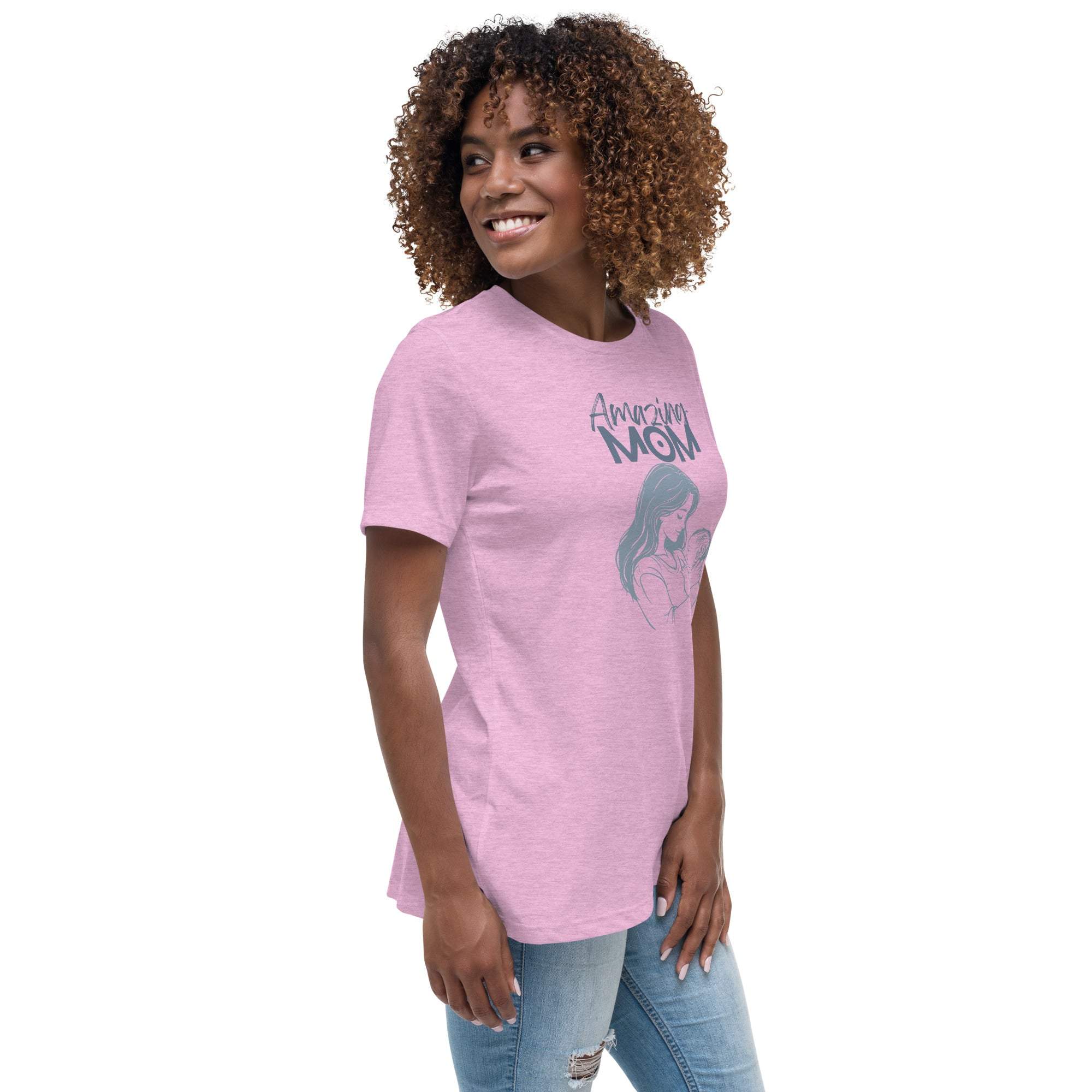 Woman wearing pink Amazing Mom T-shirt with graphic design and casual jeans