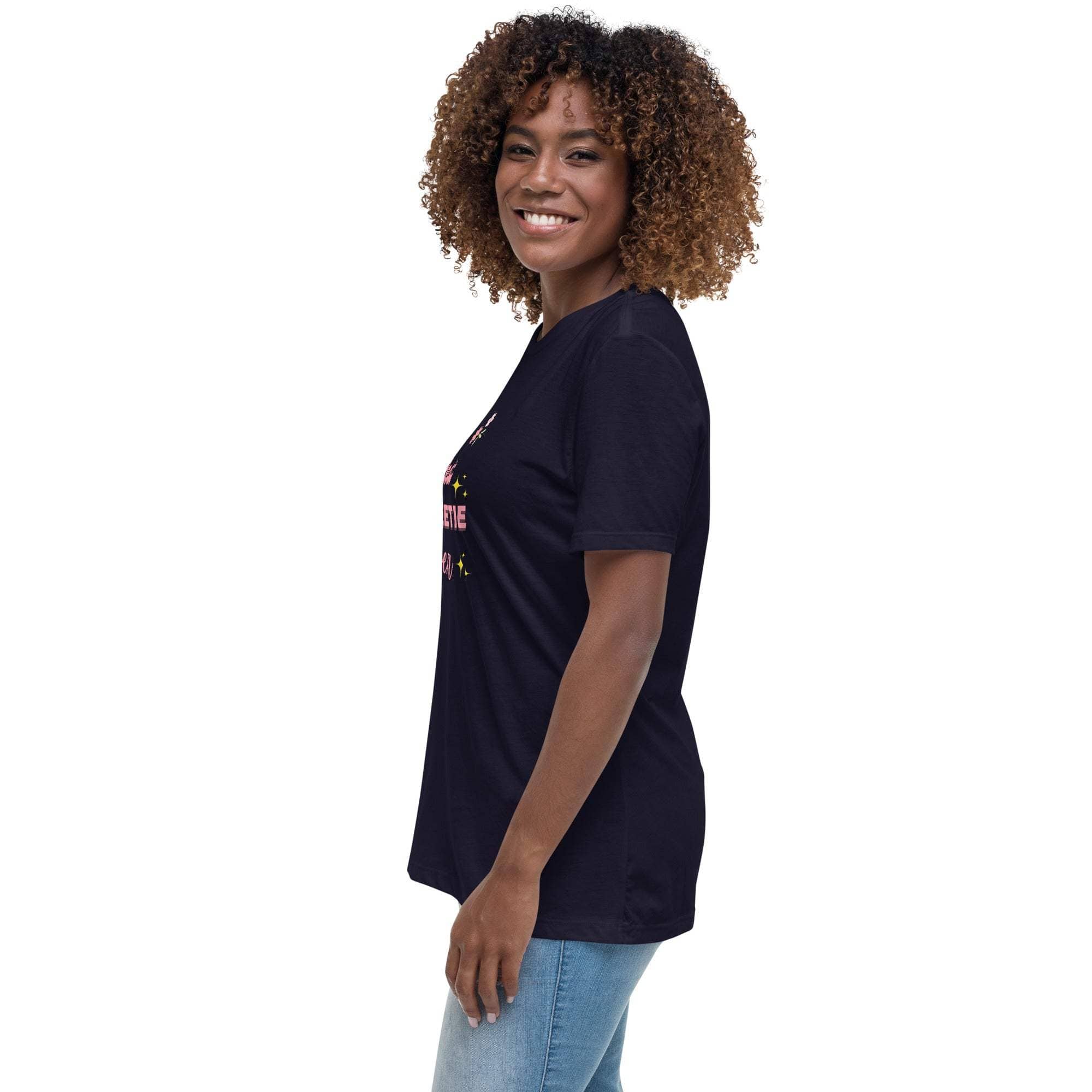 Woman wearing a black "Best Sweetie Ever" floral and starry print t-shirt with short sleeves and casual fit