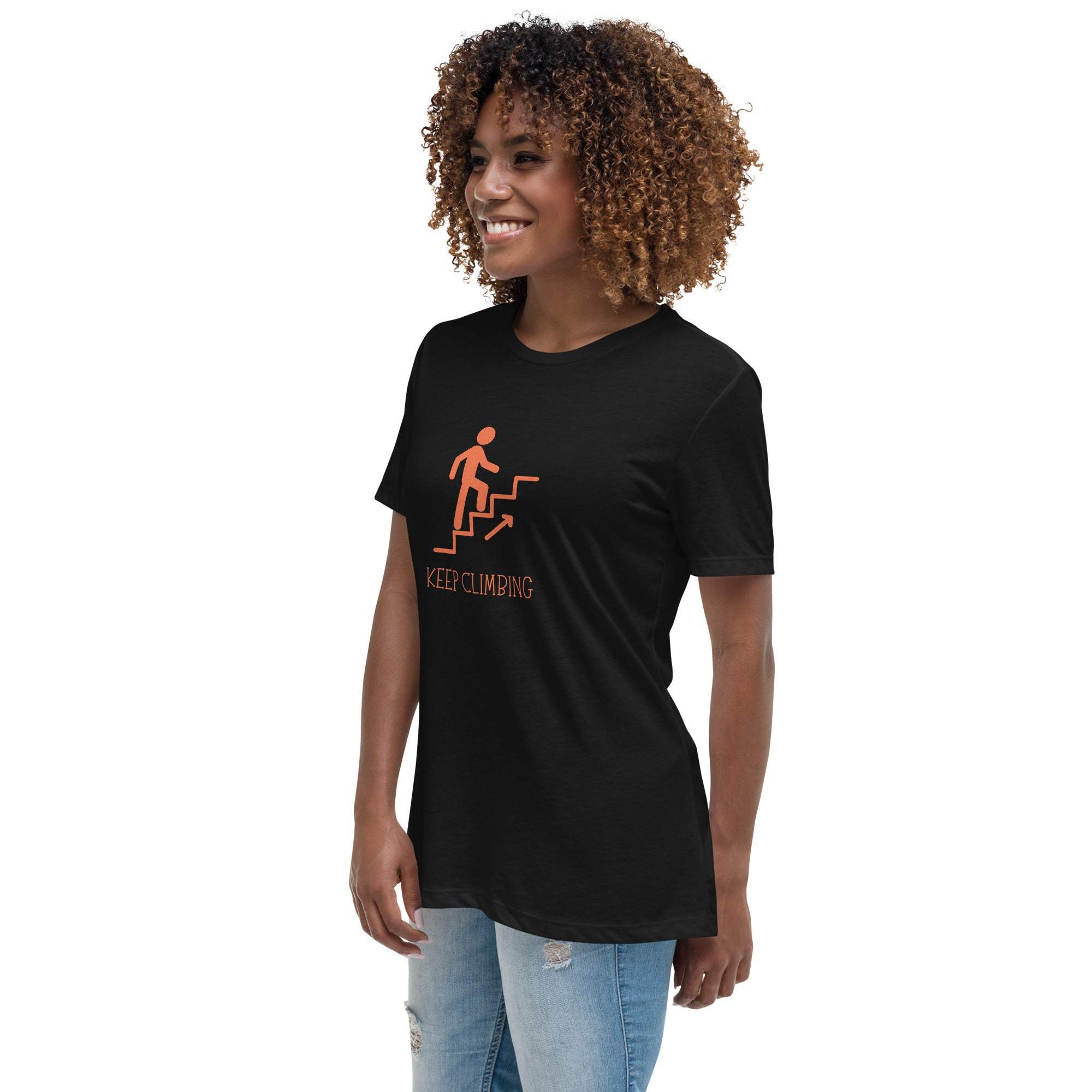 Black "Keep Climbing" women's t-shirt with motivational graphic and comfortable fit
