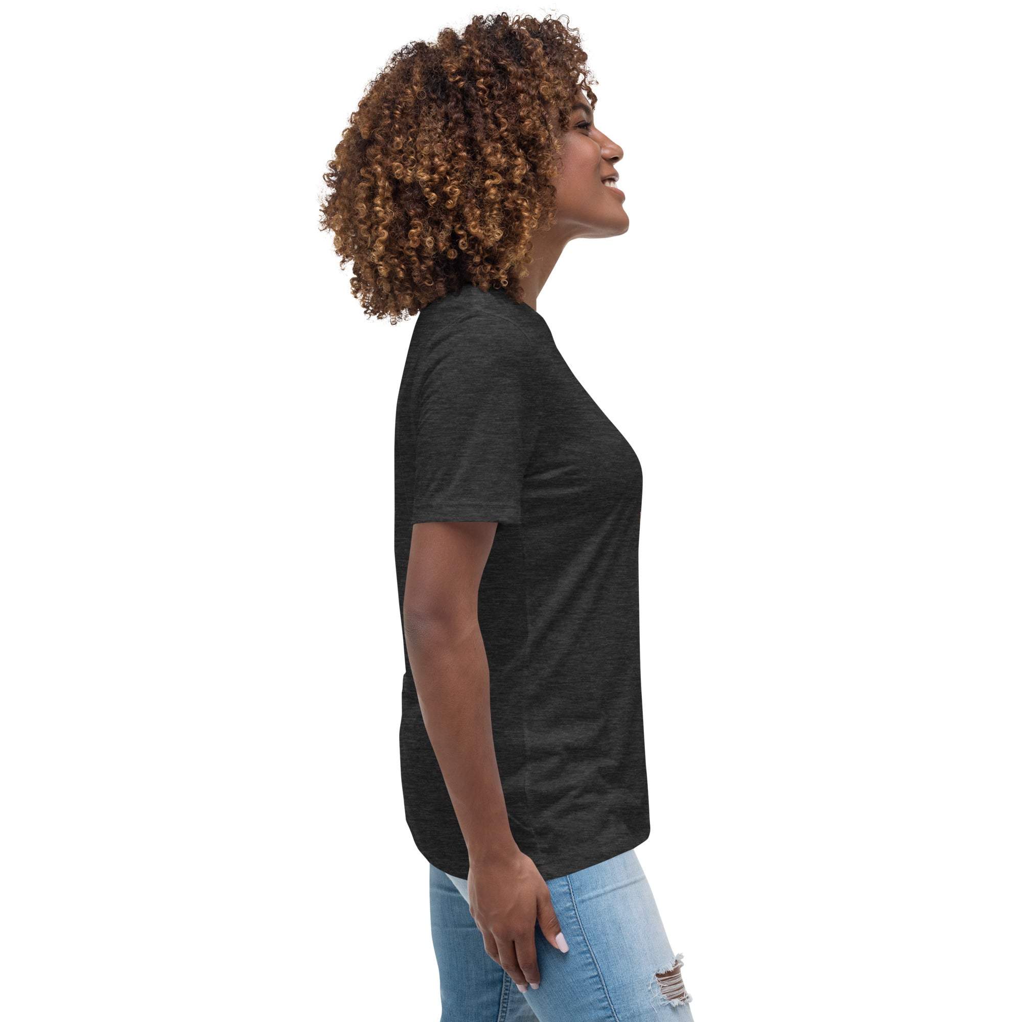 Side view of woman wearing black Keep Climbing women's t-shirt with short sleeves and casual fit
