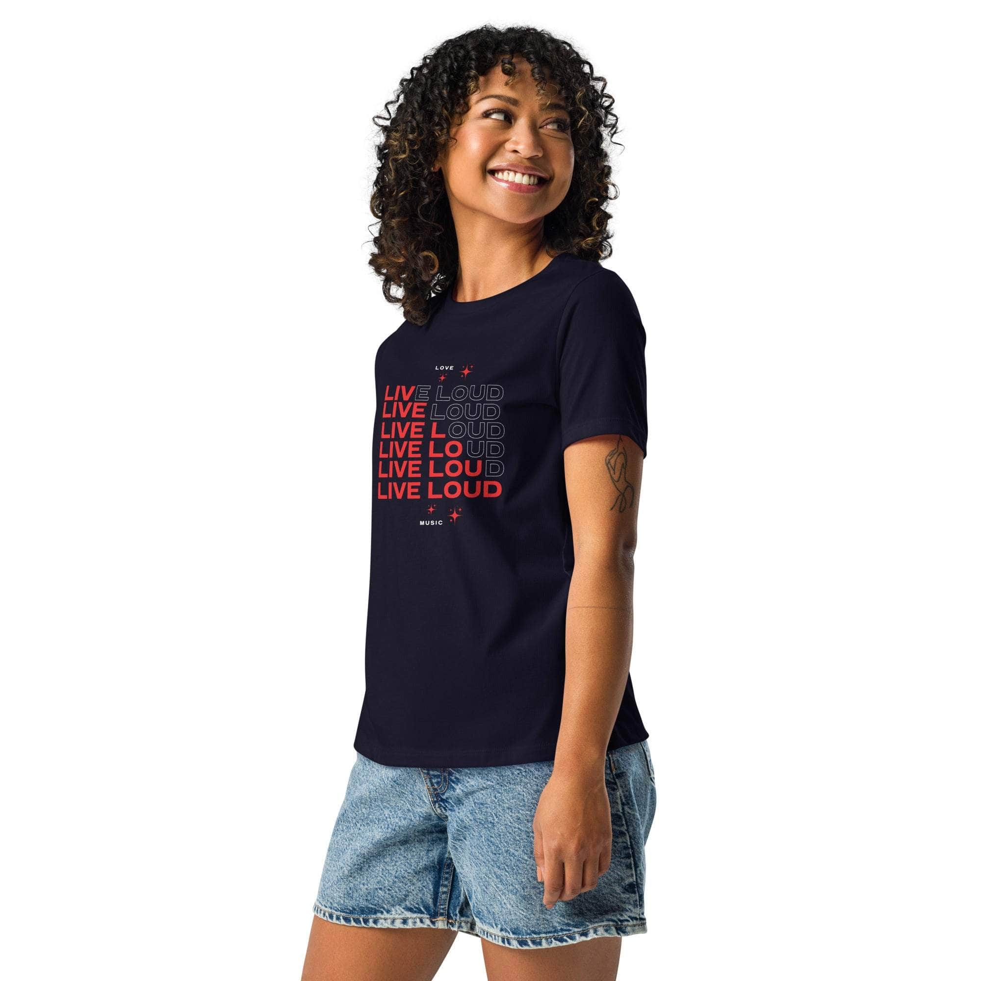 Woman wearing navy LIVE LOUD Music T-Shirt with bold retro typography and graphic design