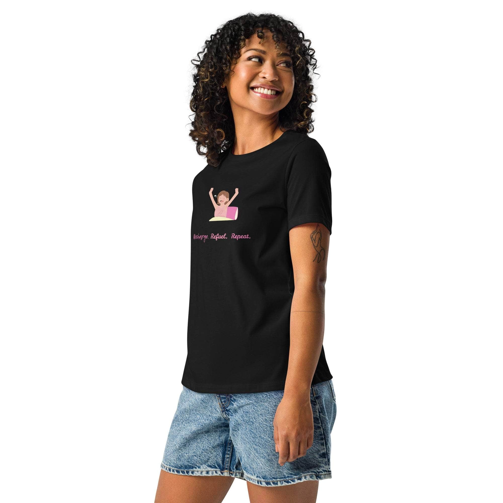Woman wearing black Science Repeat Apparel T-shirt with "Eat. Sleep. Science. Repeat." slogan and casual denim shorts