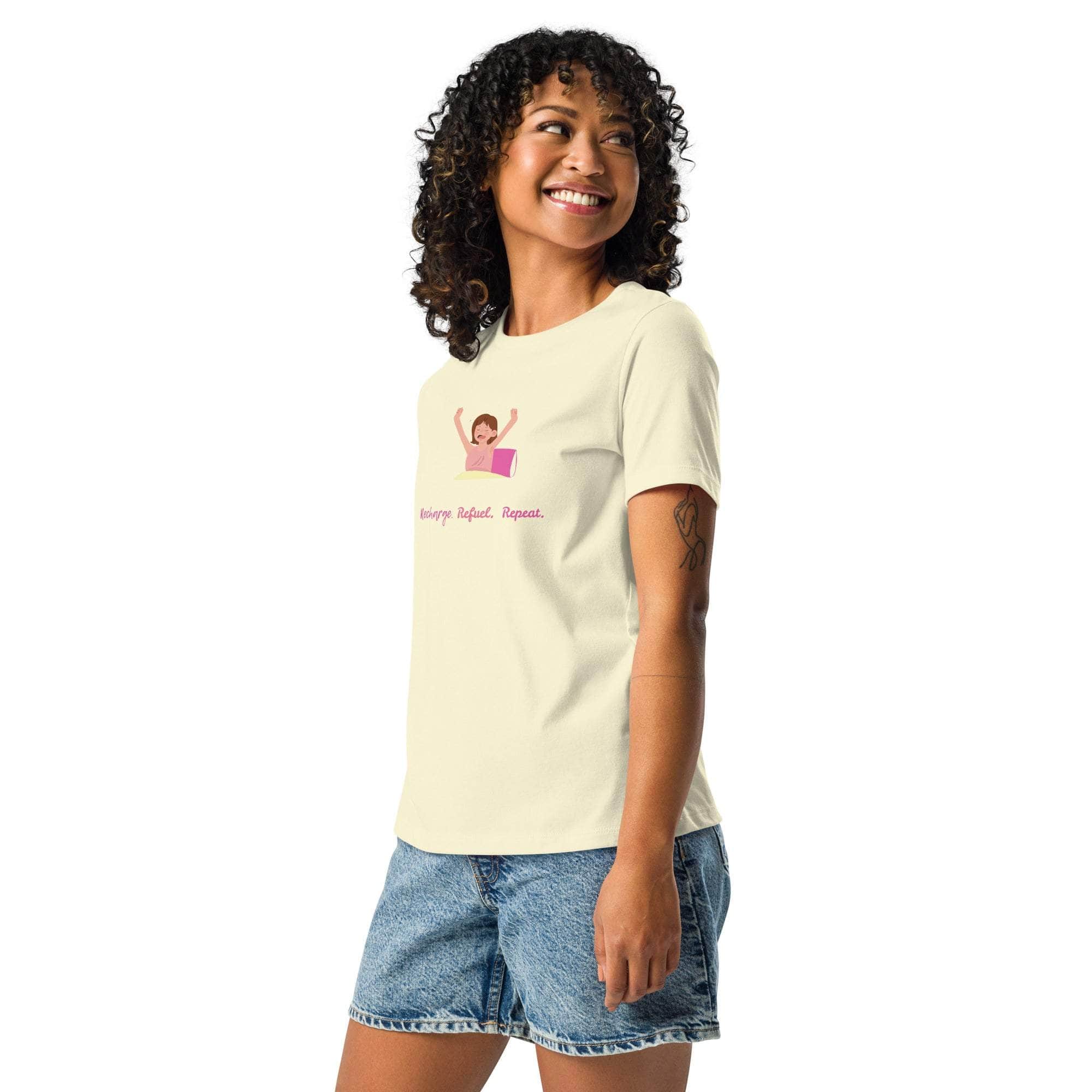 Woman wearing beige Science Repeat Apparel T-Shirt with a fun science graphic and text paired with denim shorts