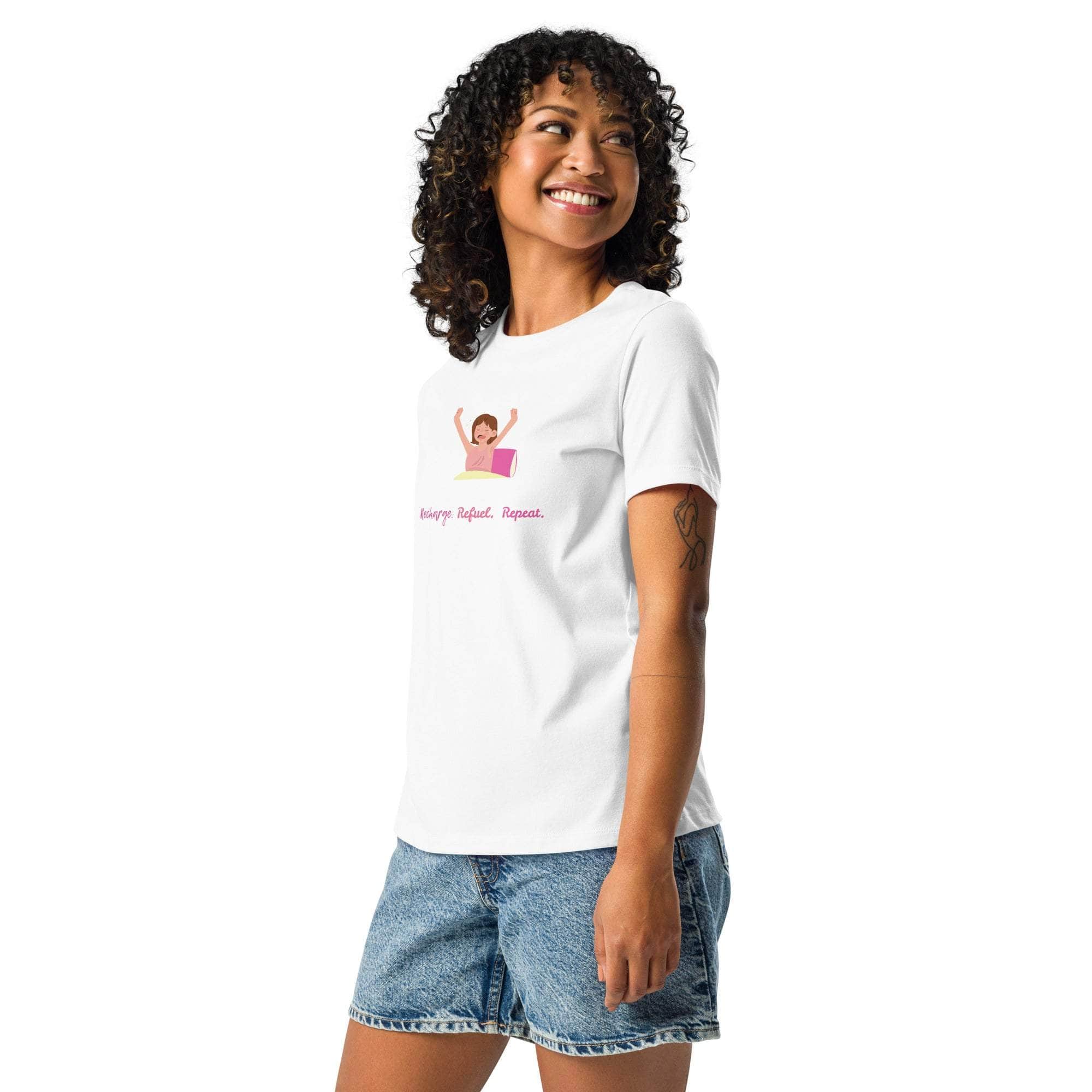 Woman wearing white Science Repeat Apparel T-Shirt with a colorful graphic and text design, paired with denim shorts