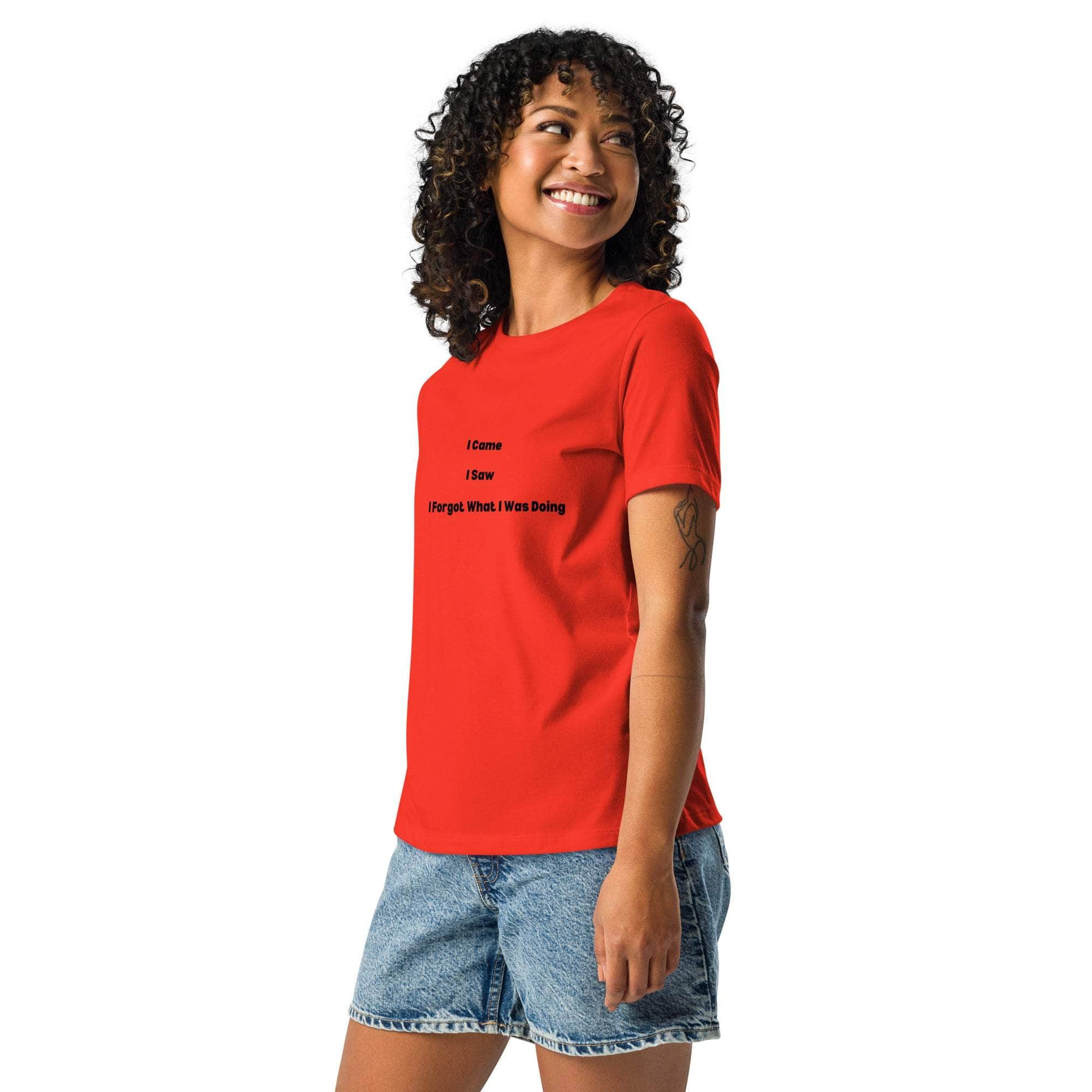 Woman wearing red "I Came I Saw I Forgot" sarcastic funny women's t-shirt with denim shorts