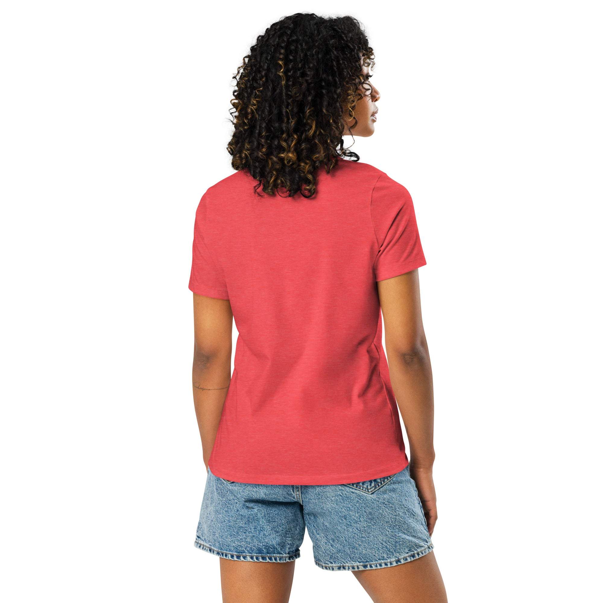 Woman wearing a red "I Came I Saw I Forgot" sarcastic tee with blue denim shorts, shown from the back