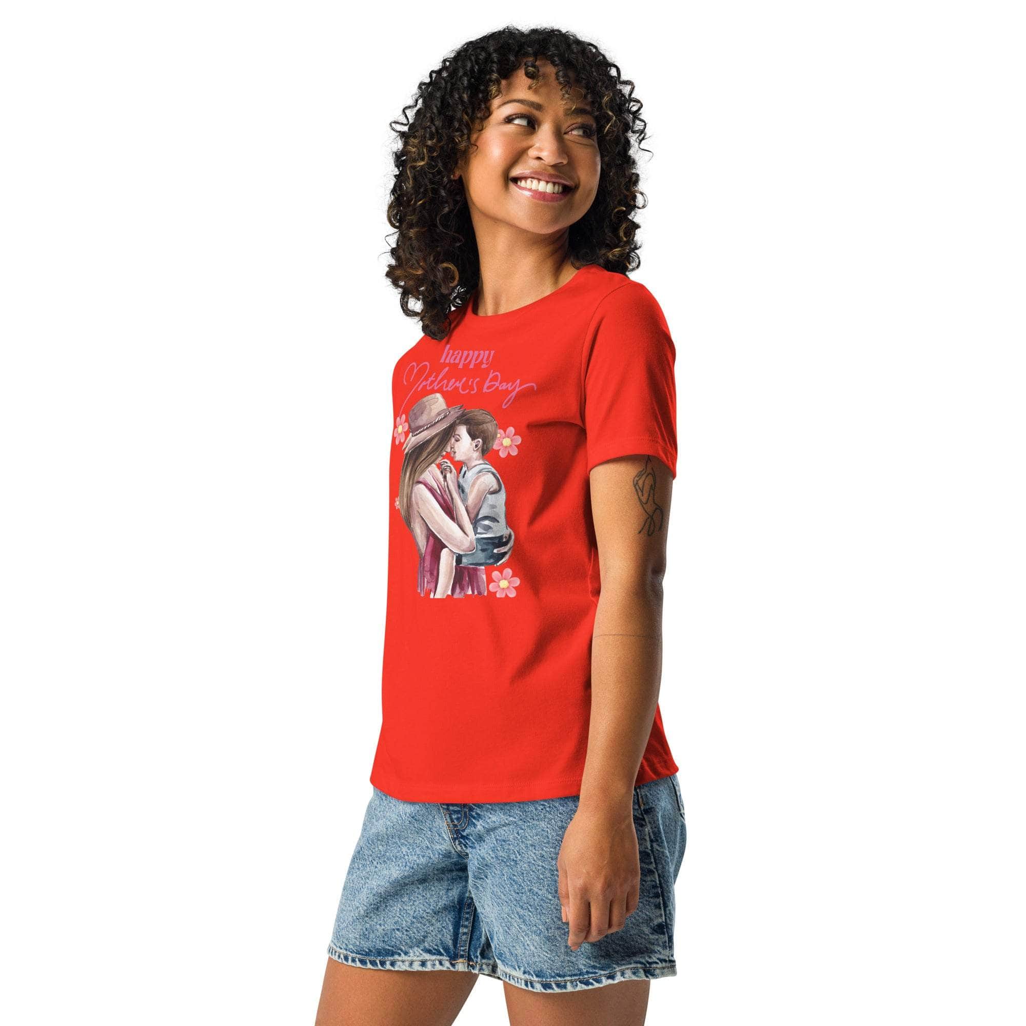 Woman wearing red Mother's Day T-Shirt with mom and child graphic and "Happy Mother's Day" text.