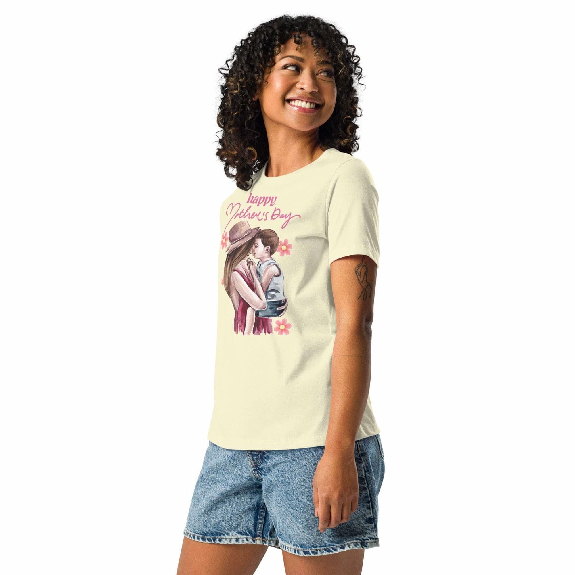 Woman wearing a Mothers Day T-Shirt with mom and child graphic and "Happy Mother's Day" text