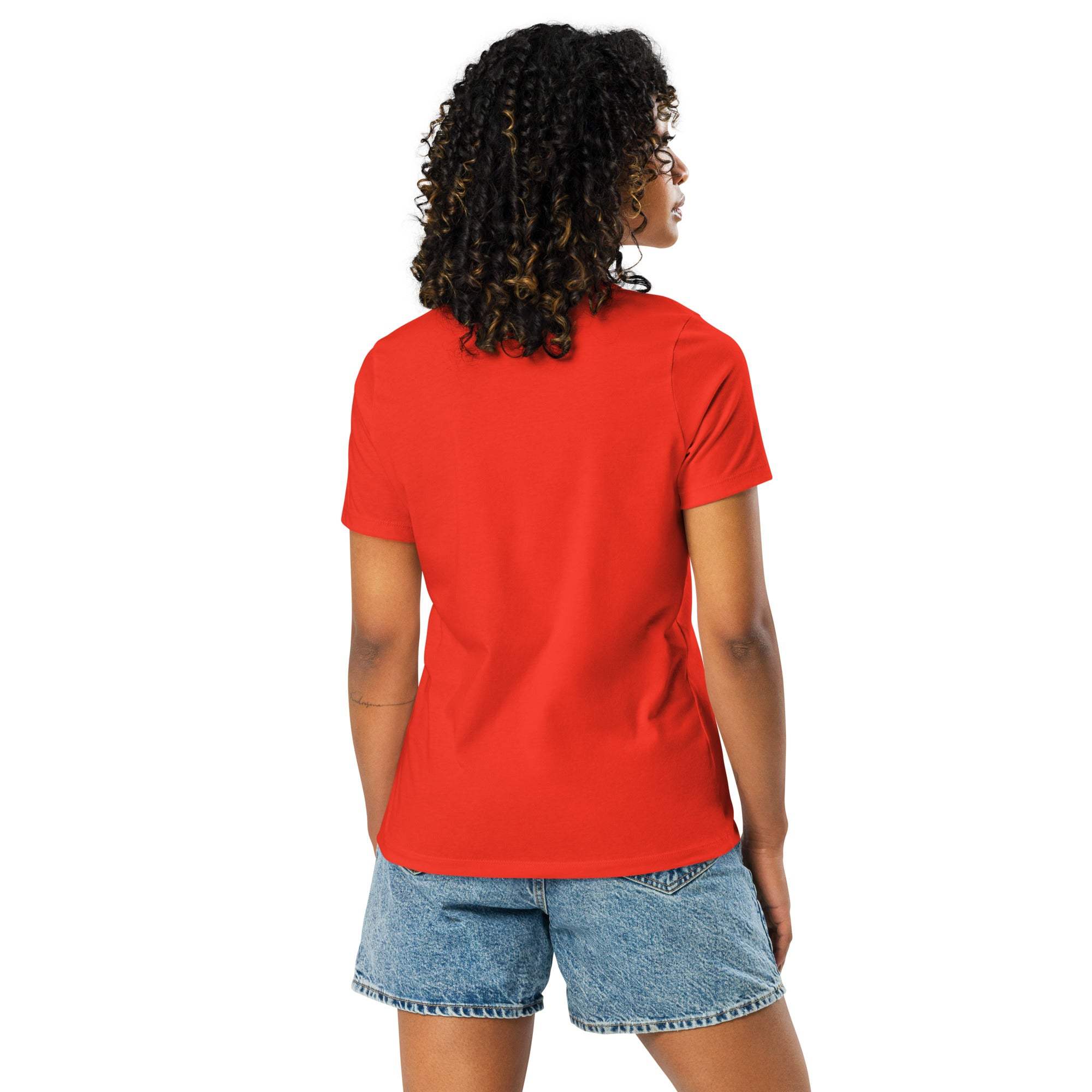 Woman wearing red "I'm Not Lazy, I am On Energy Saving Mode" sloth t-shirt with denim shorts, back view